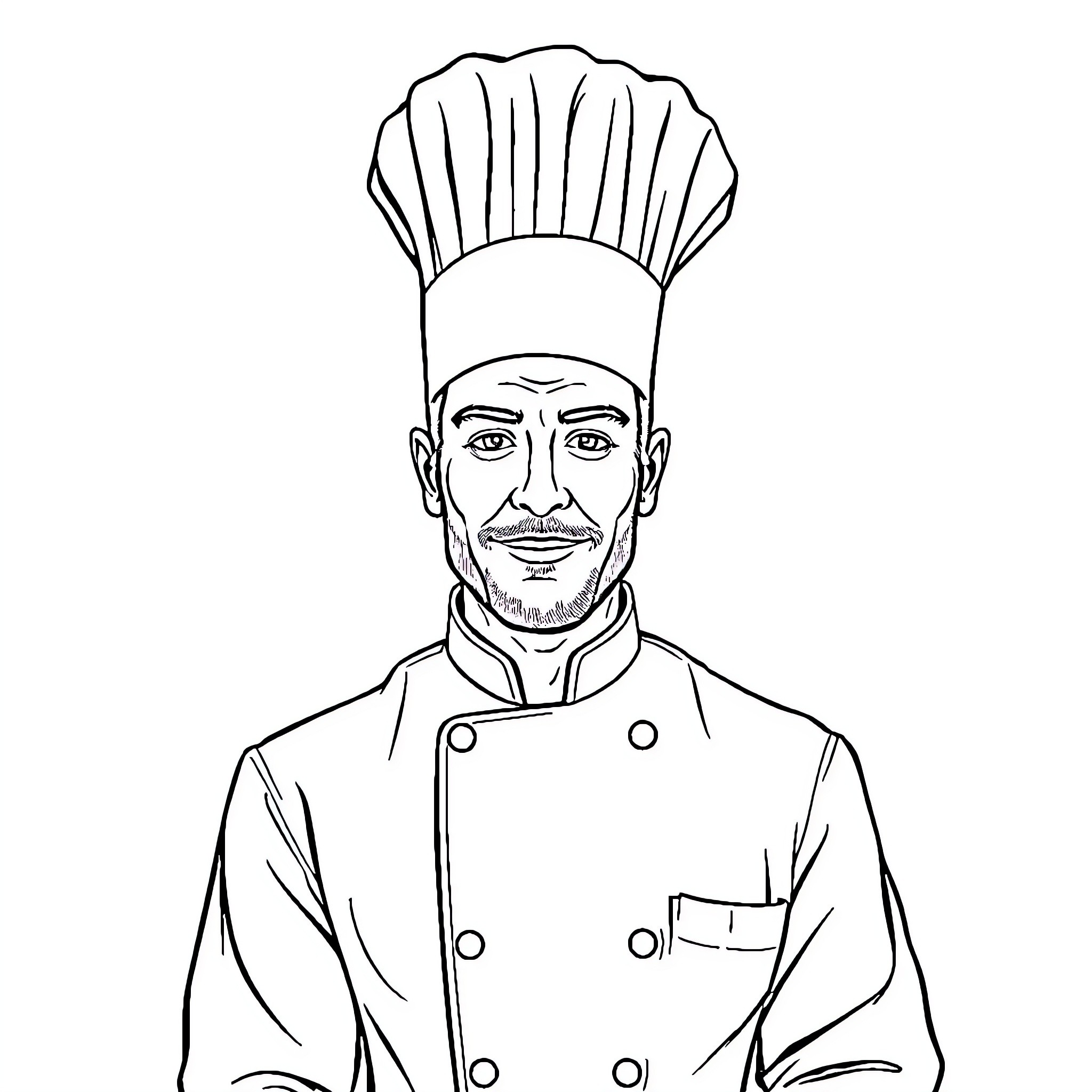 Chef in professional uniform cooking with expression Coloring Page (free black-and-white line drawing printable PDF for all, from beginners to advanced learners, including children, teens, adults, and seniors)