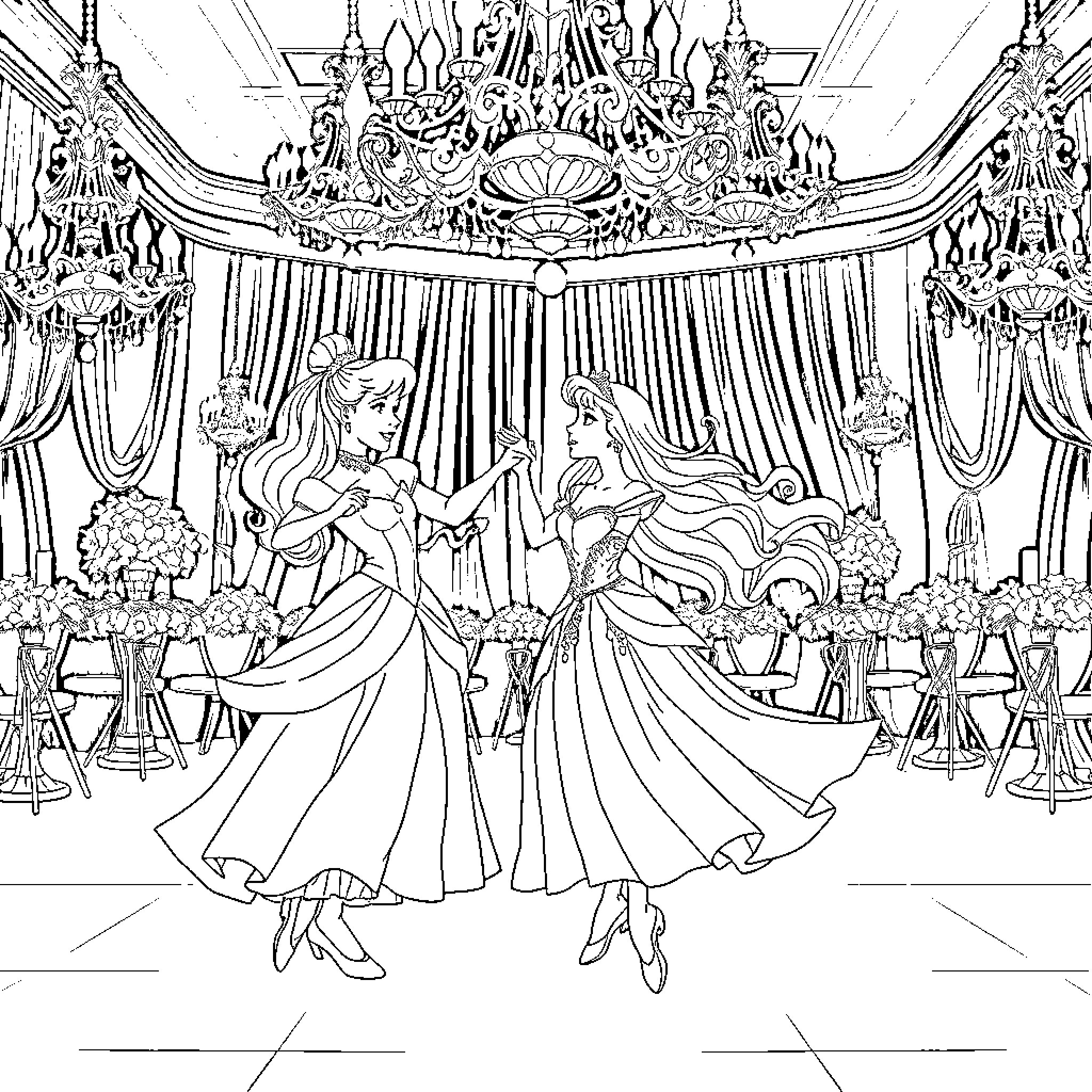 Princess Ballerina's Elegant Dance Performance Coloring Page (free black-and-white line drawing printable PDF for all, from beginners to advanced learners, including children, teens, adults, and seniors)