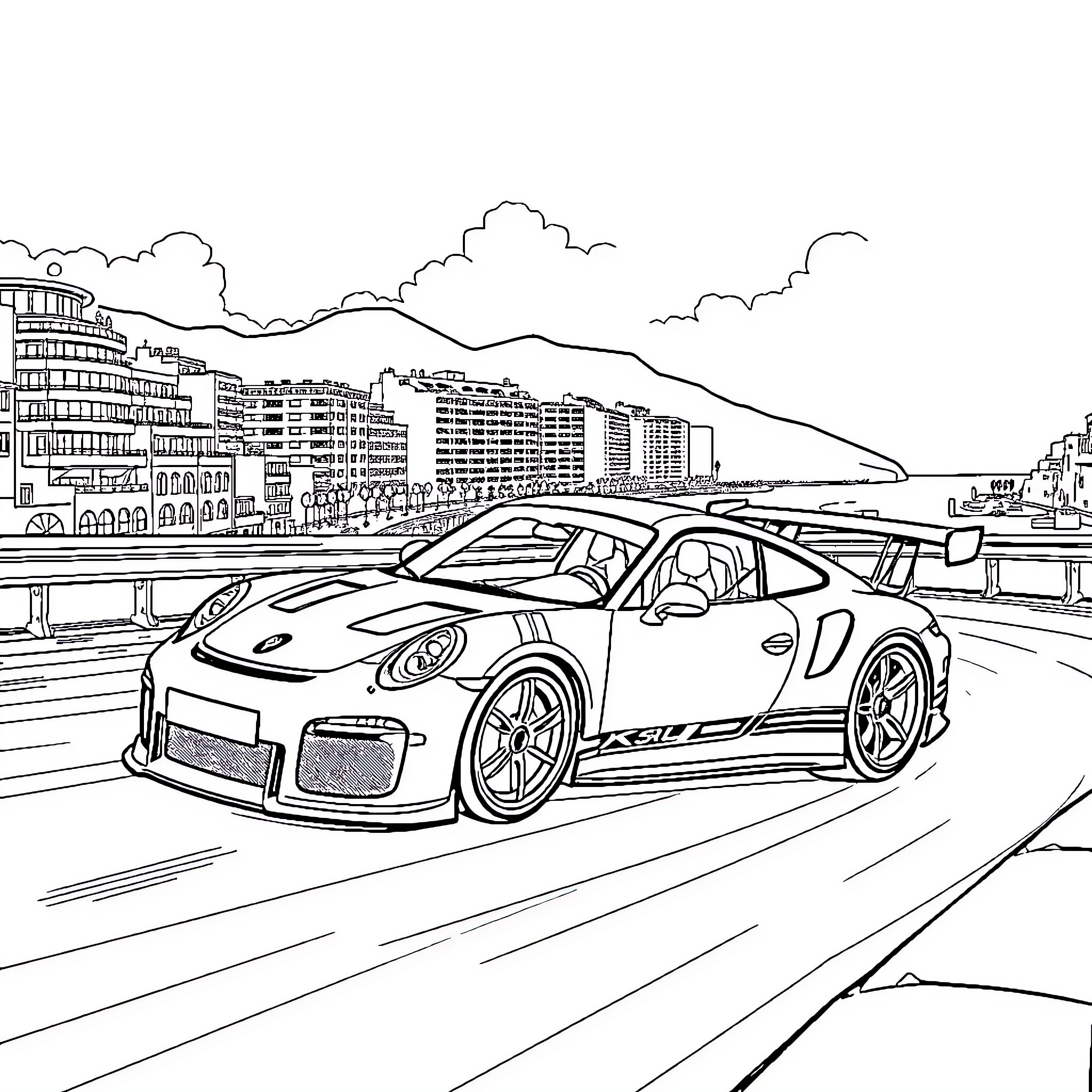Porsche sports car speeding through the city Coloring Page (free black-and-white line drawing printable PDF for all, from beginners to advanced learners, including children, teens, adults, and seniors)