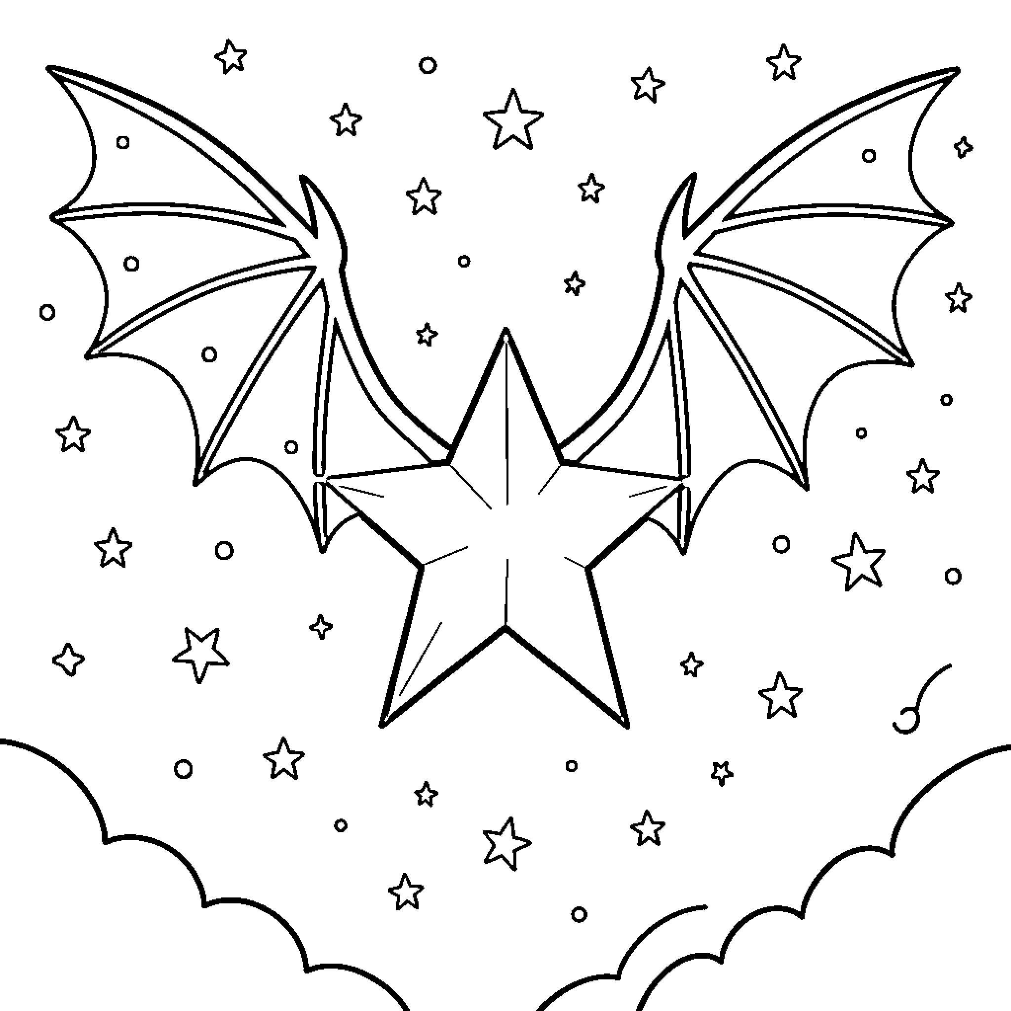 Star with Winged Creatures in Starry Sky Coloring Page (free black-and-white line drawing printable PDF for all, from beginners to advanced learners, including children, teens, adults, and seniors)
