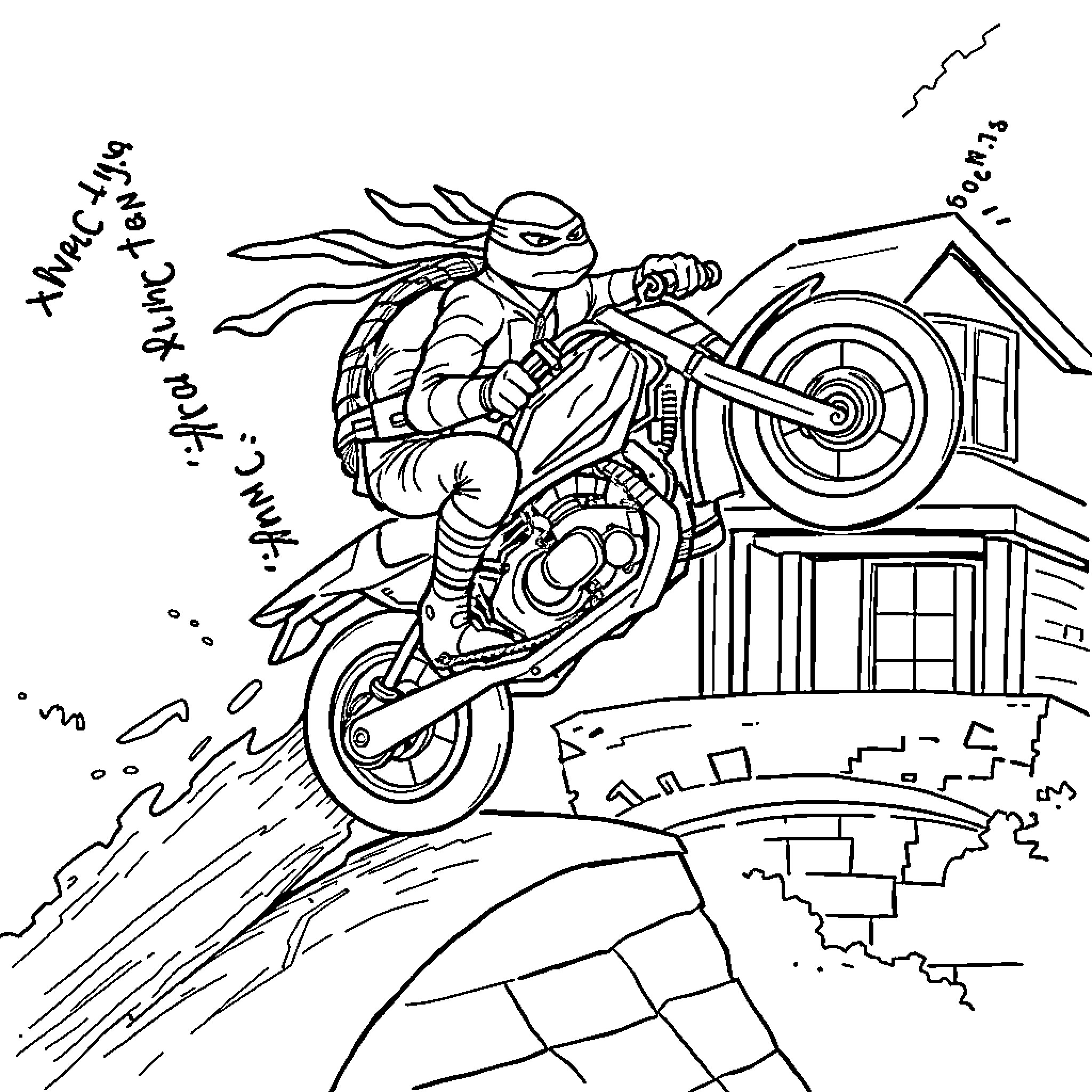 Ninja Turtle riding motorcycle through city streets Coloring Page (free black-and-white line drawing printable PDF for all, from beginners to advanced learners, including children, teens, adults, and seniors)