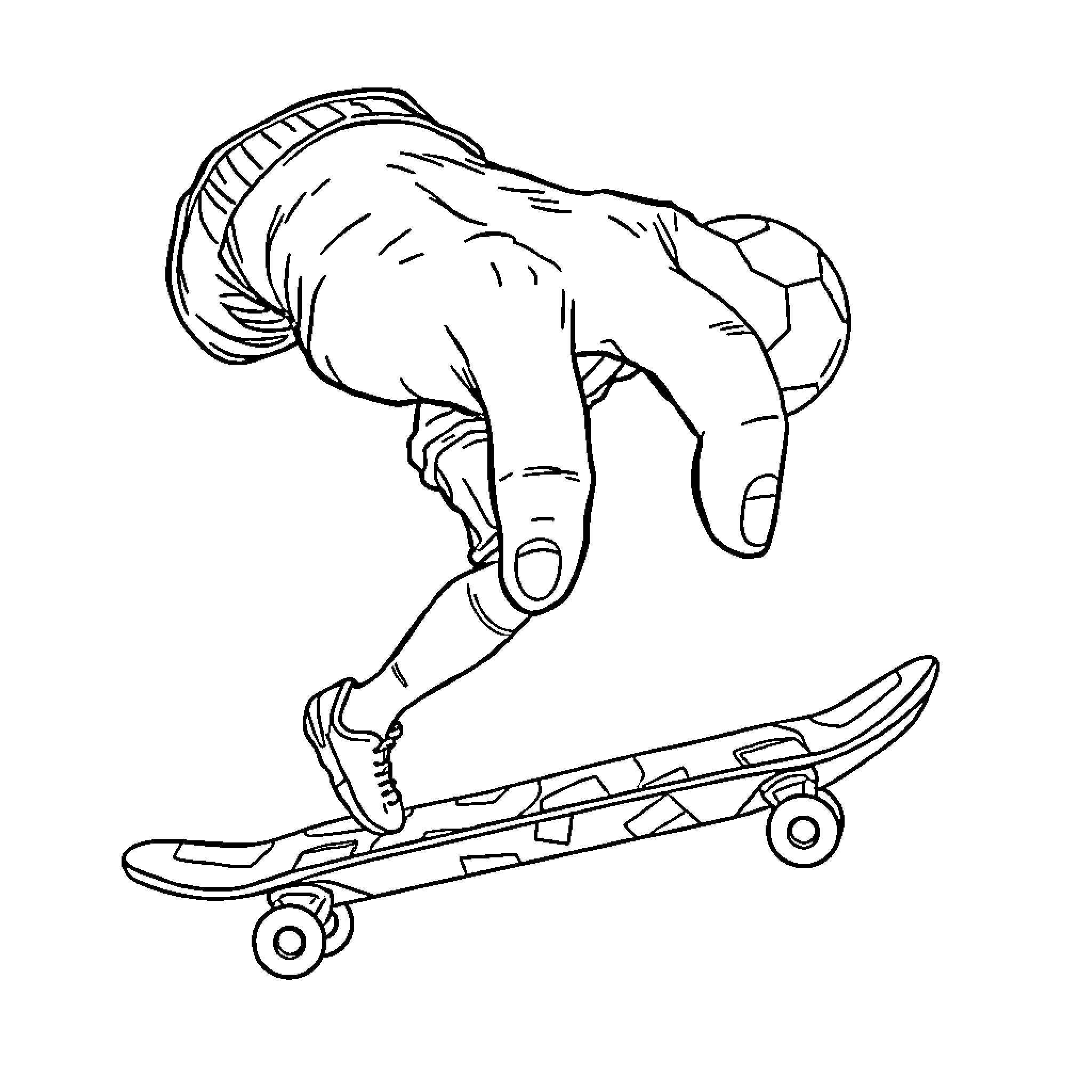 Hand performing skateboard trick Coloring Page (free black-and-white line drawing printable PDF for all, from beginners to advanced learners, including children, teens, adults, and seniors)