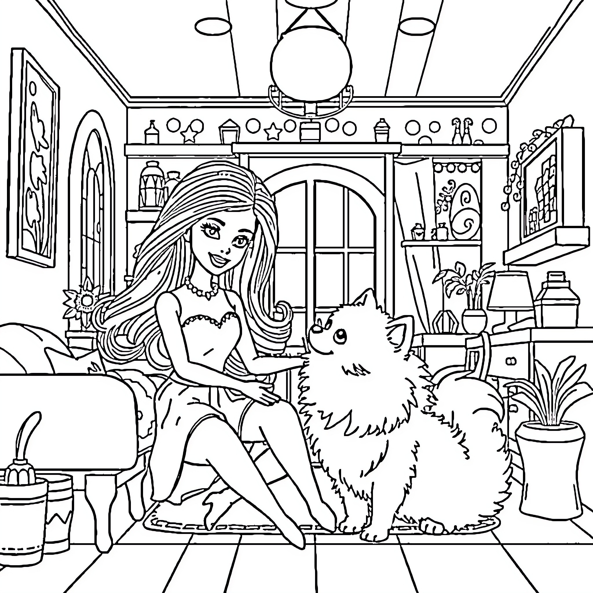 Barbie enjoying time with her pet in a cozy home Coloring Page (free black-and-white line drawing printable PDF for all, from beginners to advanced learners, including children, teens, adults, and seniors)
