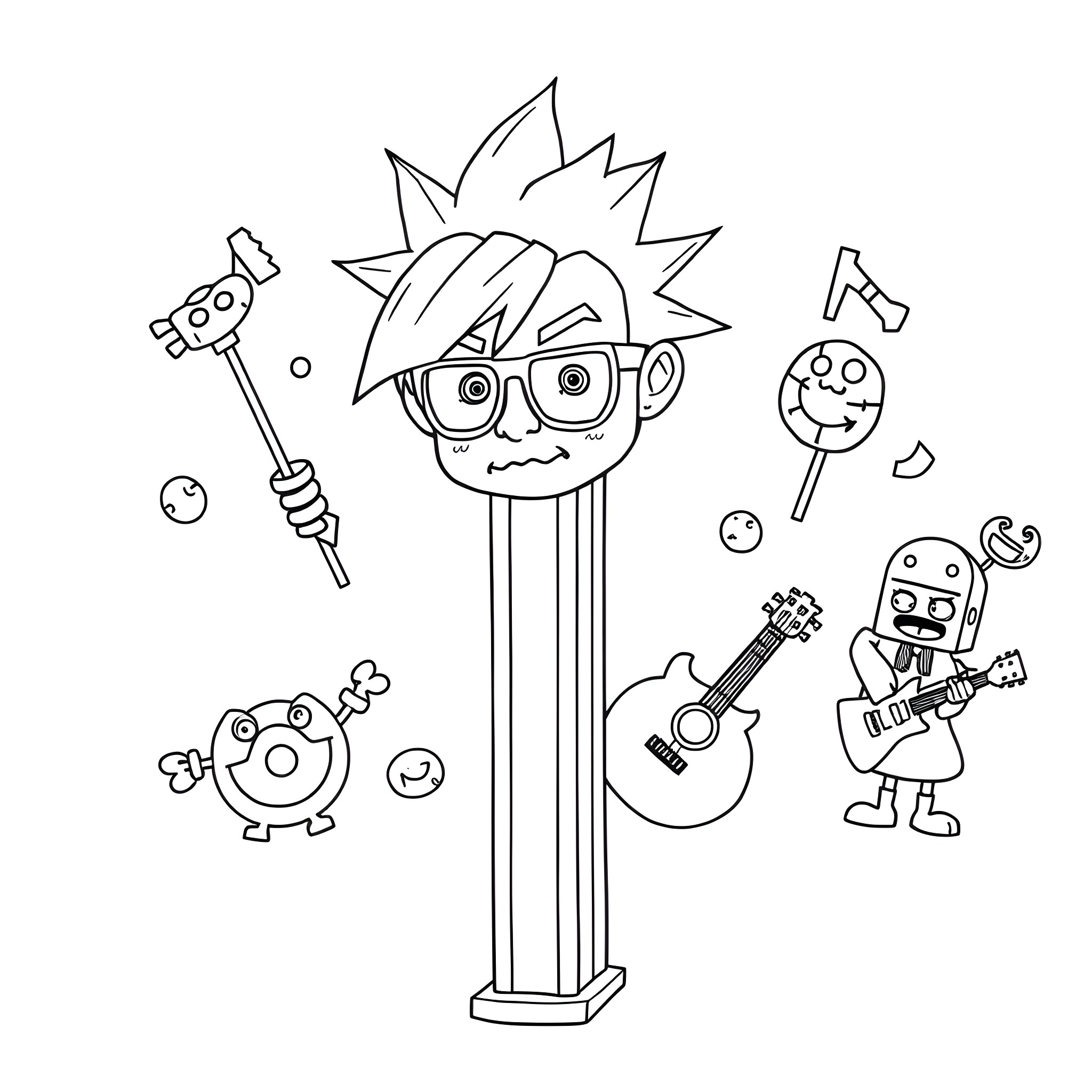 Pez Dispenser with quirky characters and musical instruments Coloring Page (free black-and-white line drawing printable PDF for all, from beginners to advanced learners, including children, teens, adults, and seniors)