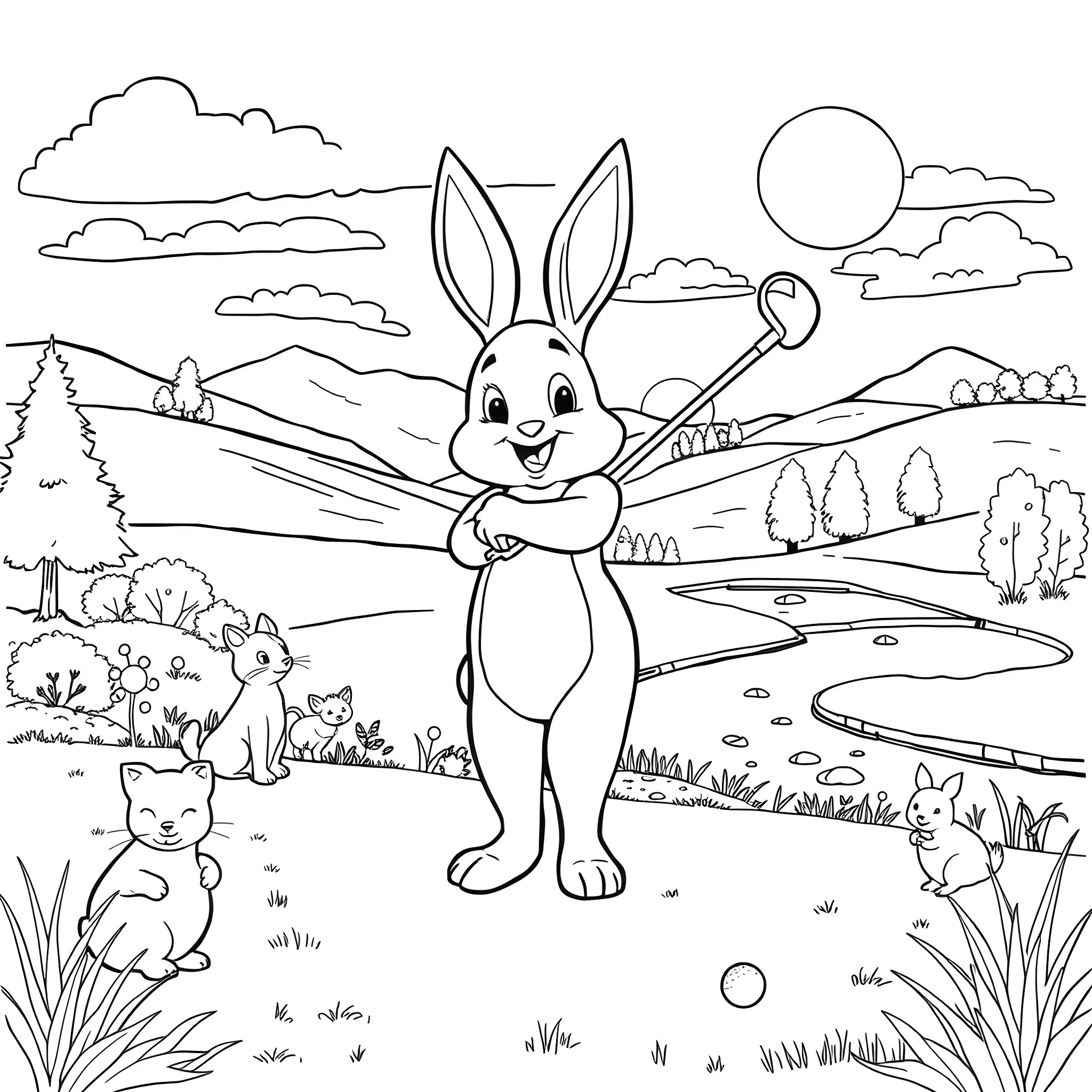 Thumper playing joyfully in the countryside Coloring Page (free black-and-white line drawing printable PDF for all, from beginners to advanced learners, including children, teens, adults, and seniors)