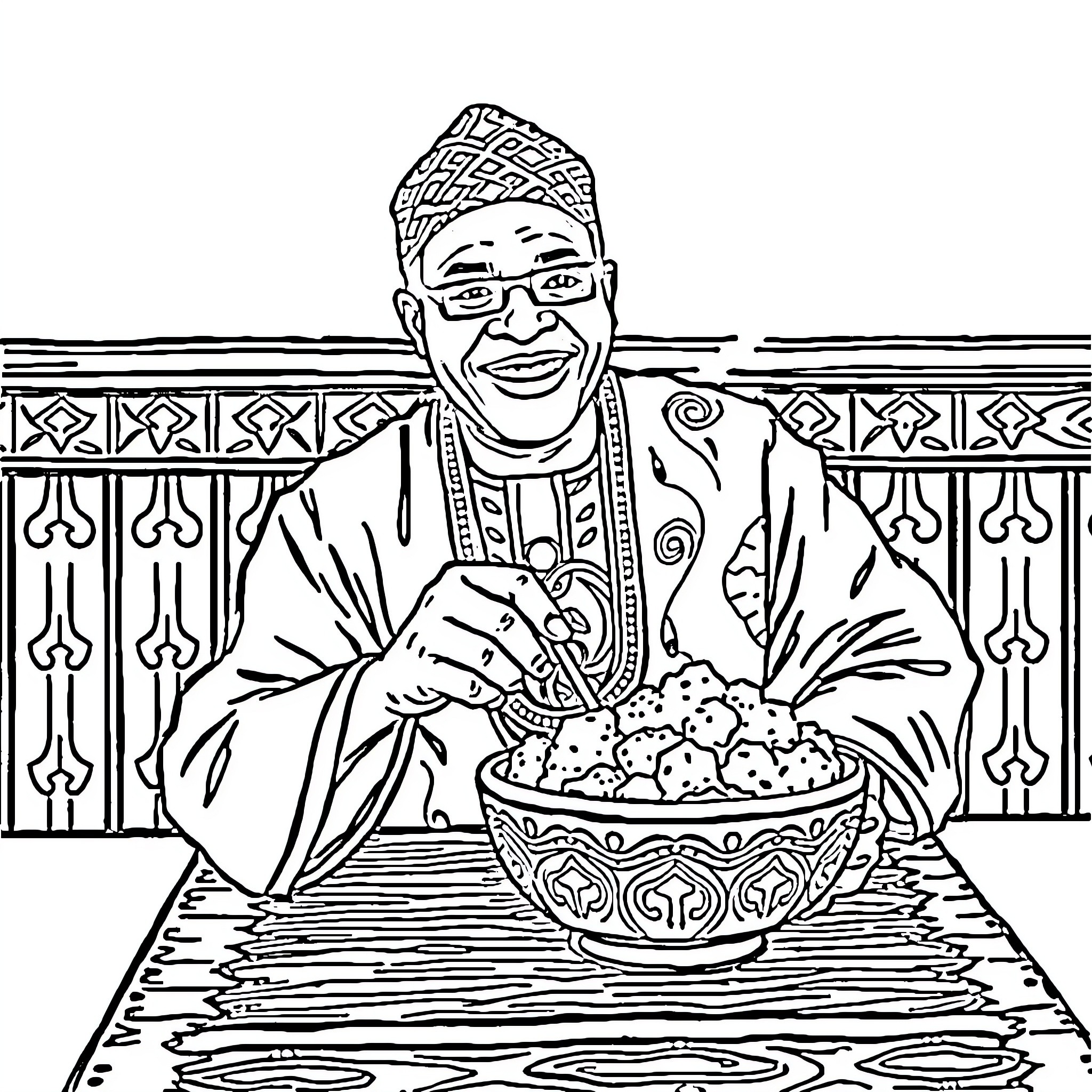 Bola Ahmed Tinubu enjoying traditional Nigerian dish Coloring Page (free black-and-white line drawing printable PDF for all, from beginners to advanced learners, including children, teens, adults, and seniors)
