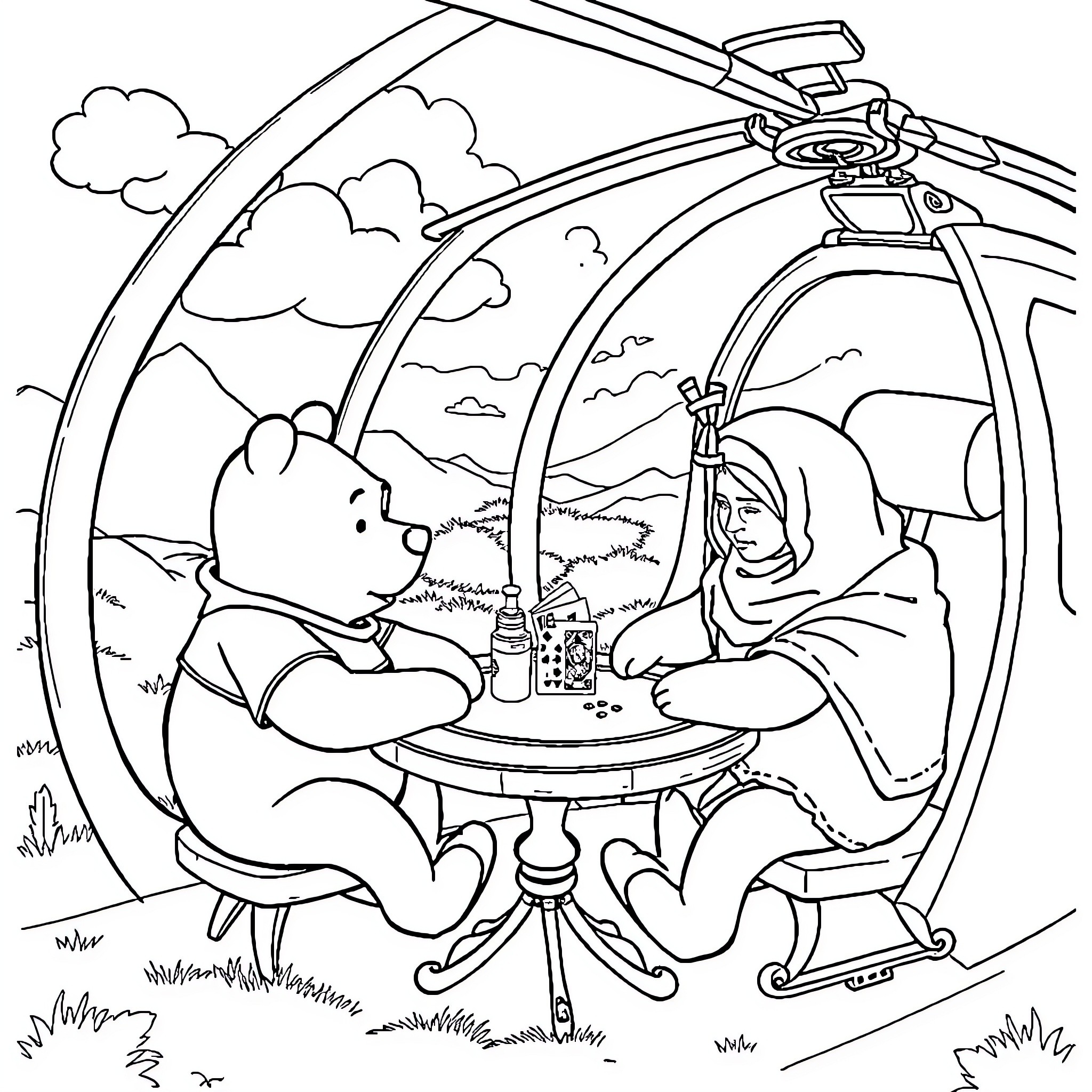 Winnie The Pooh Enjoying Picnic with Friend in Countryside Coloring Page (free black-and-white line drawing printable PDF for all, from beginners to advanced learners, including children, teens, adults, and seniors)