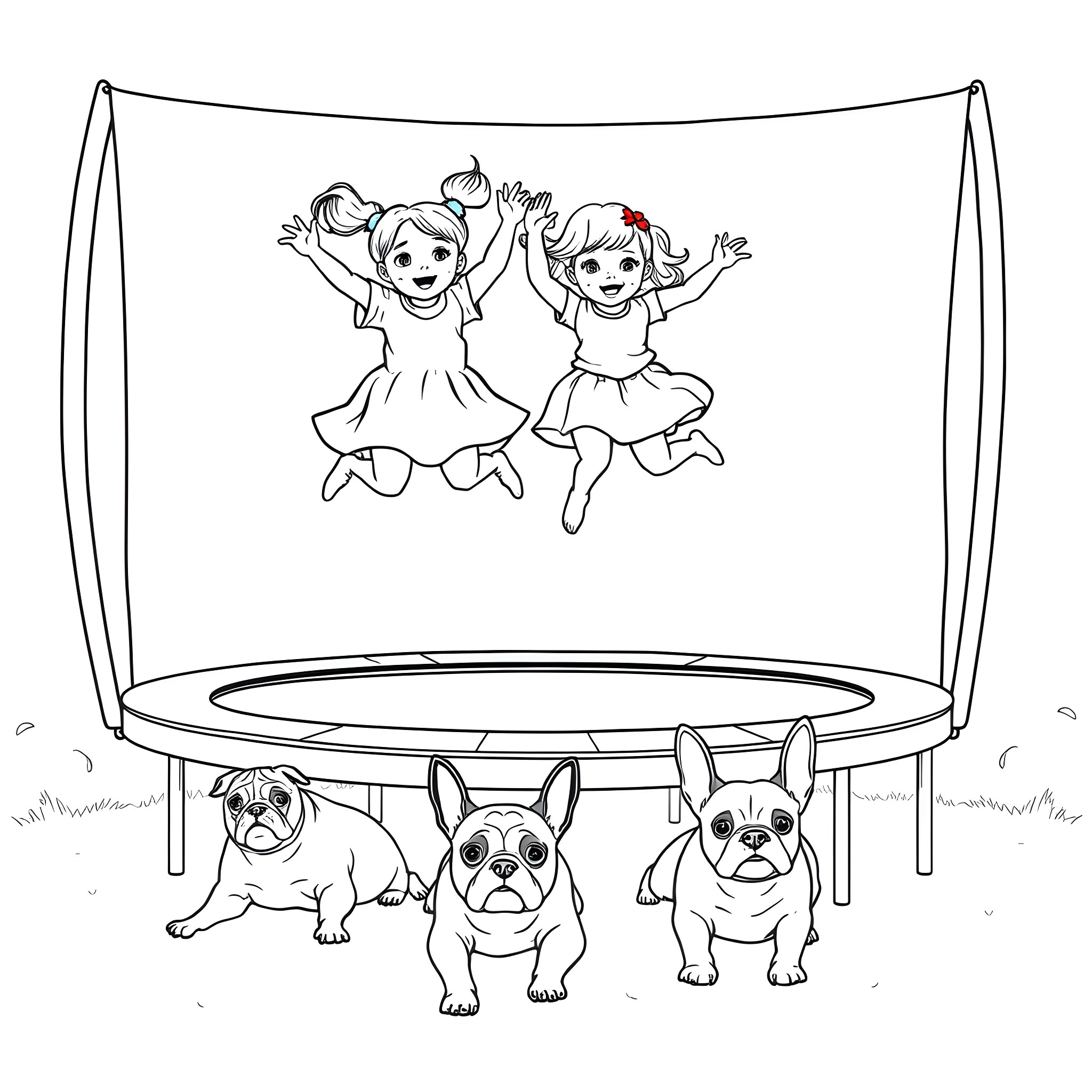 Sister's Joyful Trampoline Adventure with Pups Coloring Page (free black-and-white line drawing printable PDF for all, from beginners to advanced learners, including children, teens, adults, and seniors)