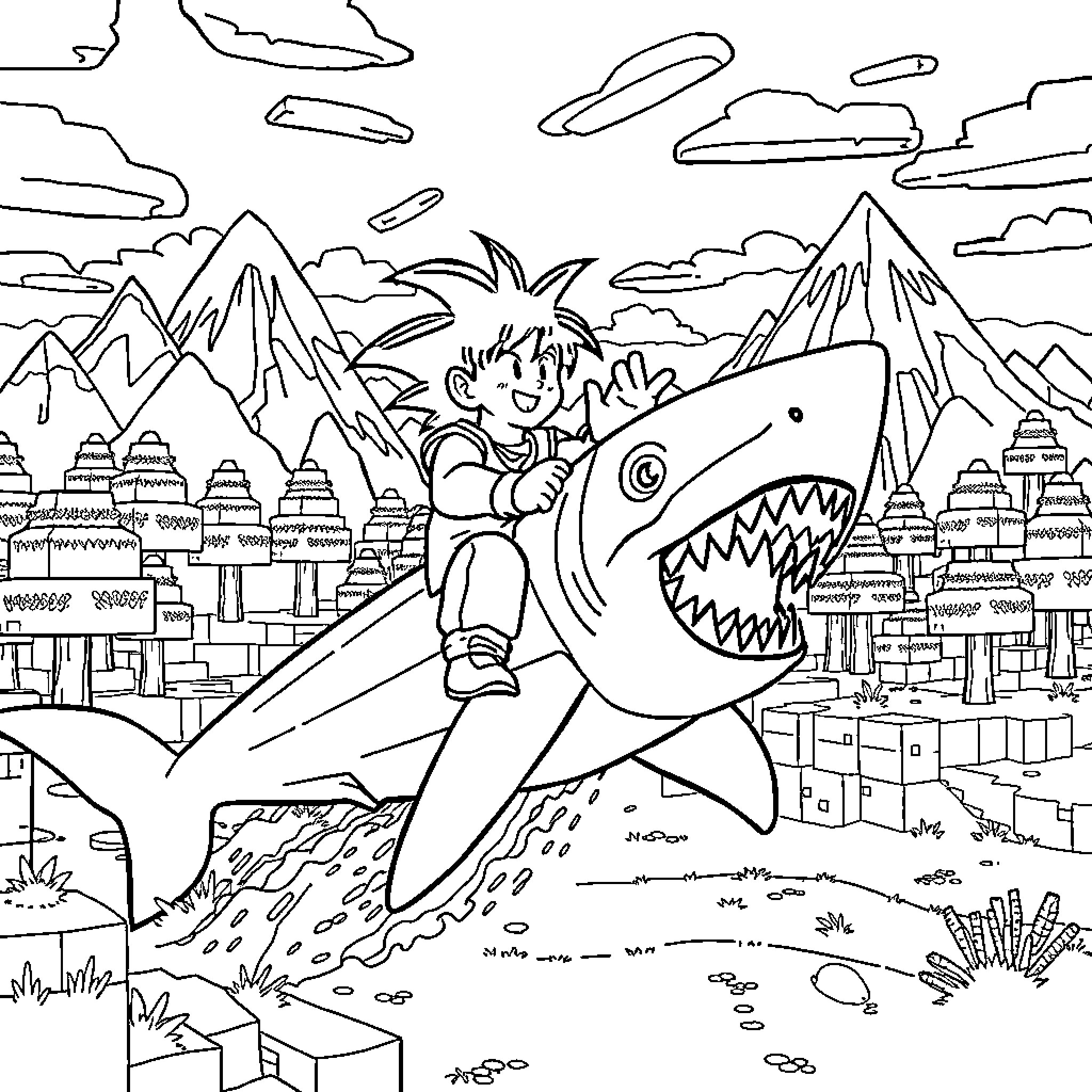 Goku's Adventurous Journey through the Fantastical Landscape Coloring Page (free black-and-white line drawing printable PDF for all, from beginners to advanced learners, including children, teens, adults, and seniors)