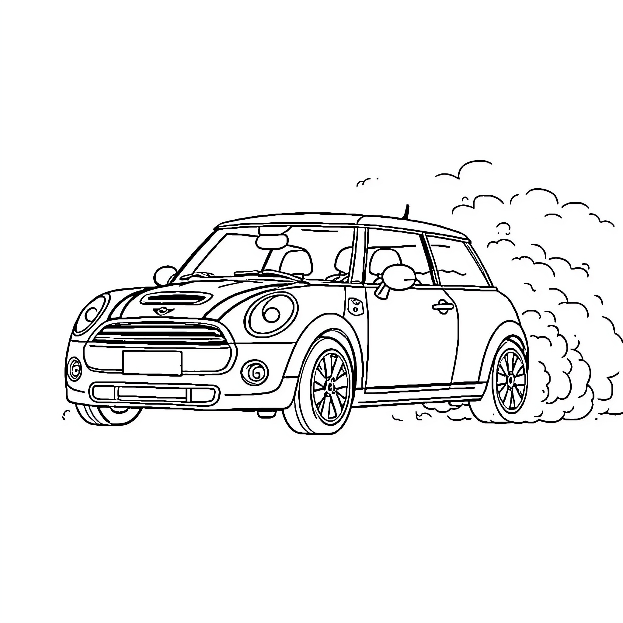Mini Cooper racing through the clouds Coloring Page (free black-and-white line drawing printable PDF for all, from beginners to advanced learners, including children, teens, adults, and seniors)