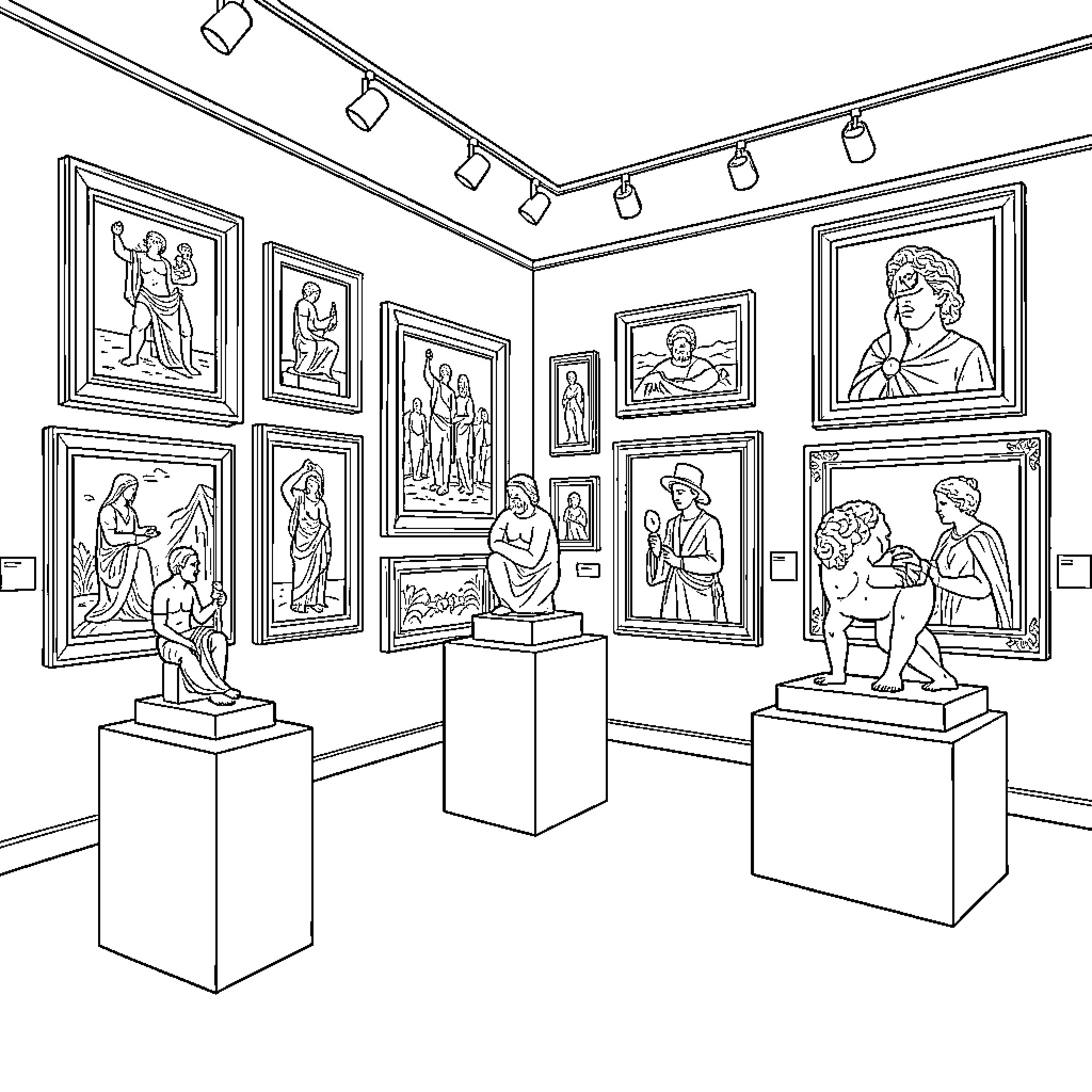 Art exhibition featuring various classical paintings and statues Coloring Page (free black-and-white line drawing printable PDF for all, from beginners to advanced learners, including children, teens, adults, and seniors)