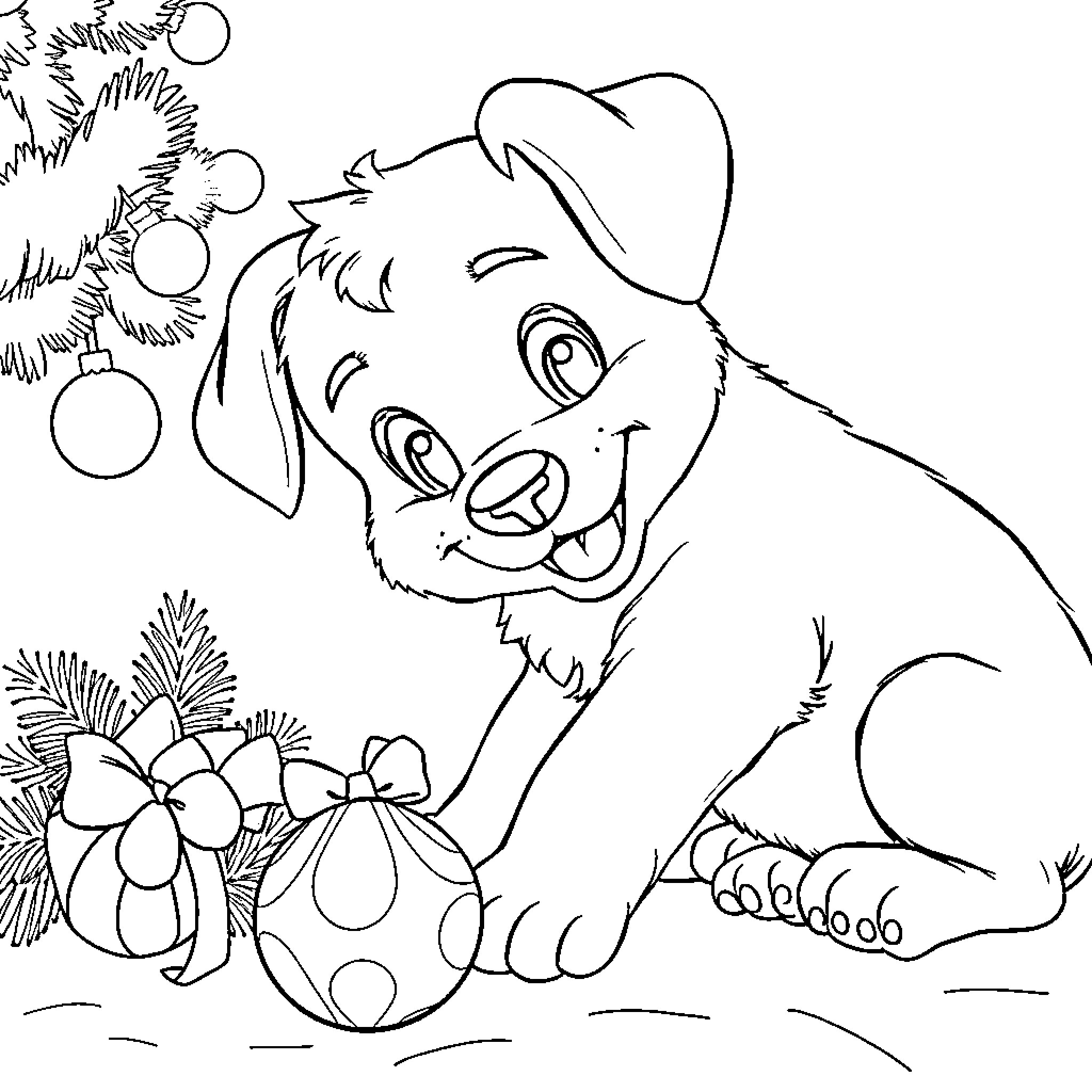 Puppy playing with Christmas decorations Coloring Page (free black-and-white line drawing printable PDF for all, from beginners to advanced learners, including children, teens, adults, and seniors)