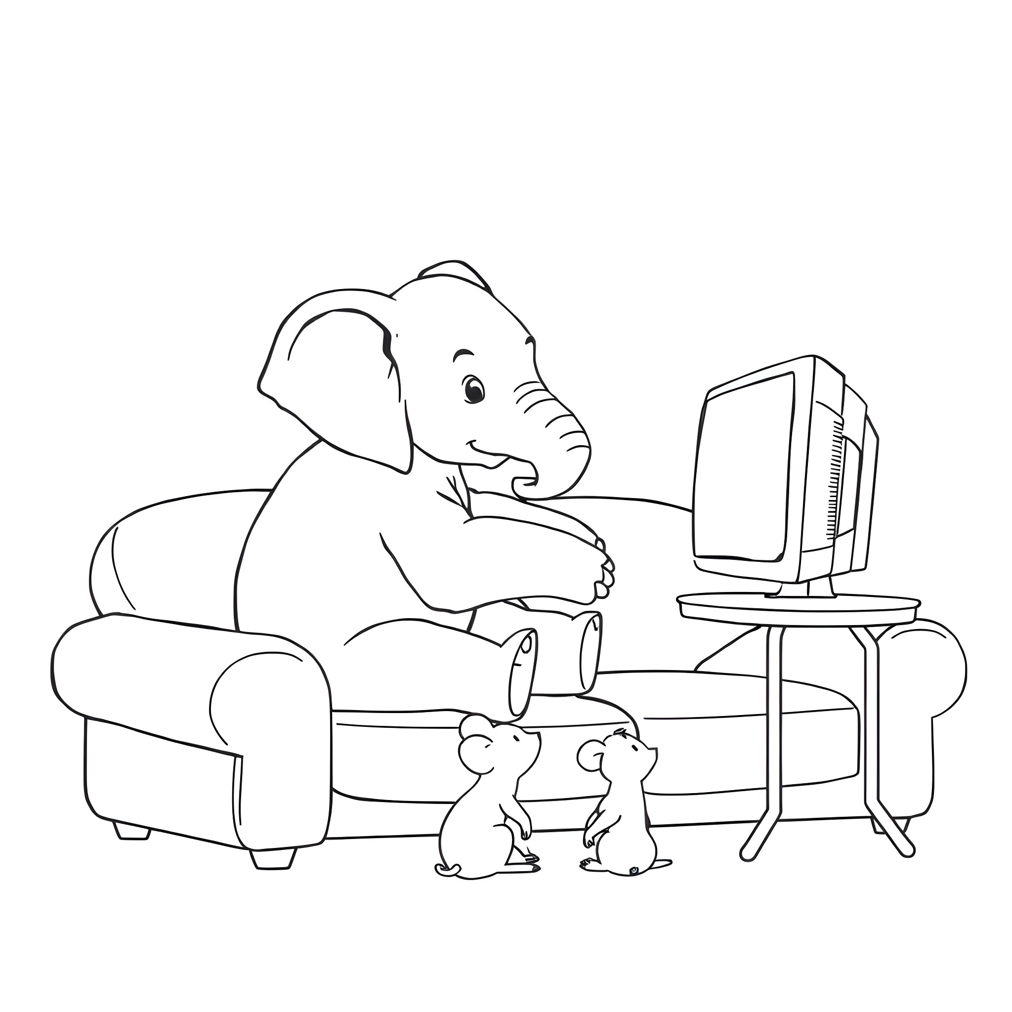 Elephant relaxing with computer and animal friends Coloring Page (free black-and-white line drawing printable PDF for all, from beginners to advanced learners, including children, teens, adults, and seniors)