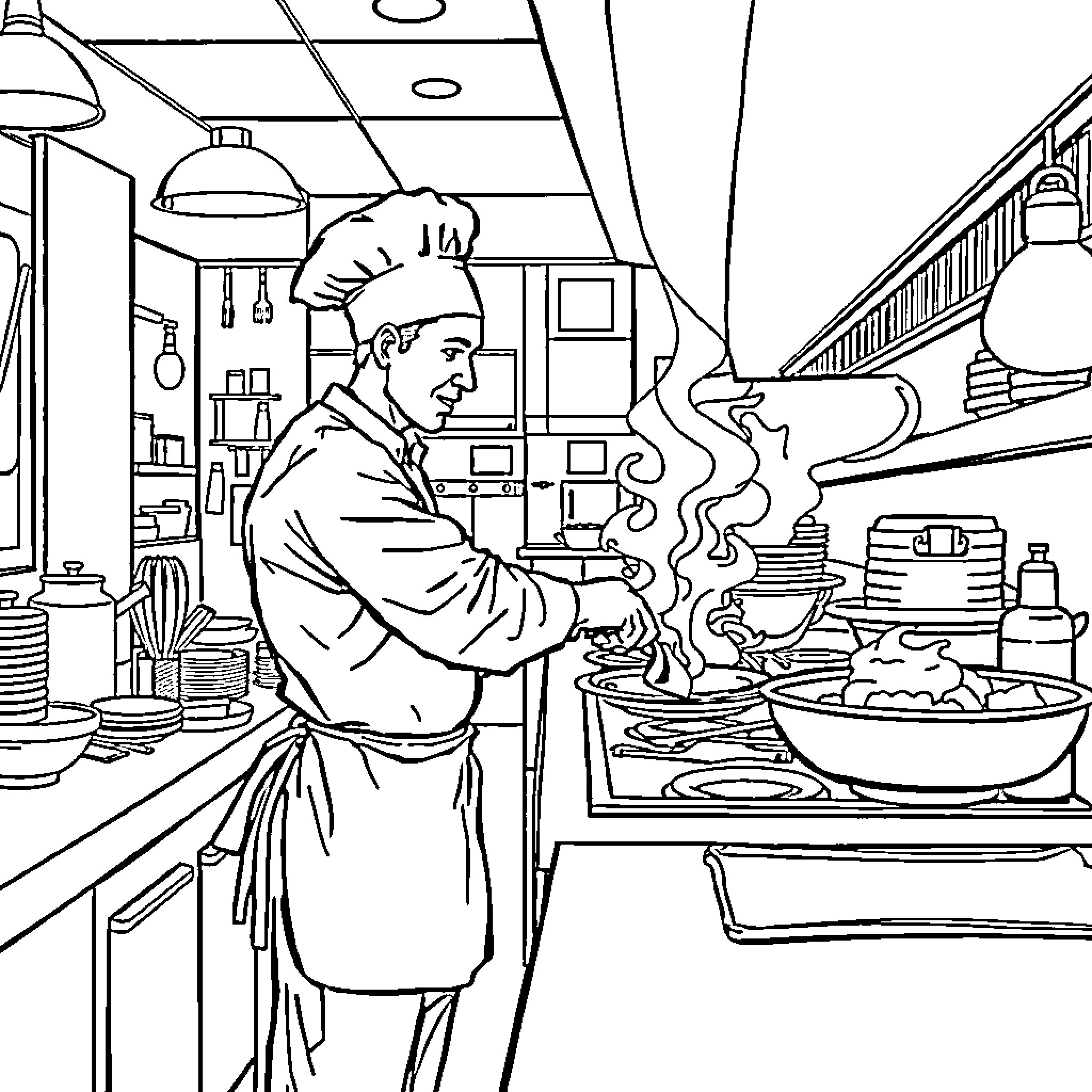 Chef Preparing Delicious Meals in the Kitchen Coloring Page (free black-and-white line drawing printable PDF for all, from beginners to advanced learners, including children, teens, adults, and seniors)