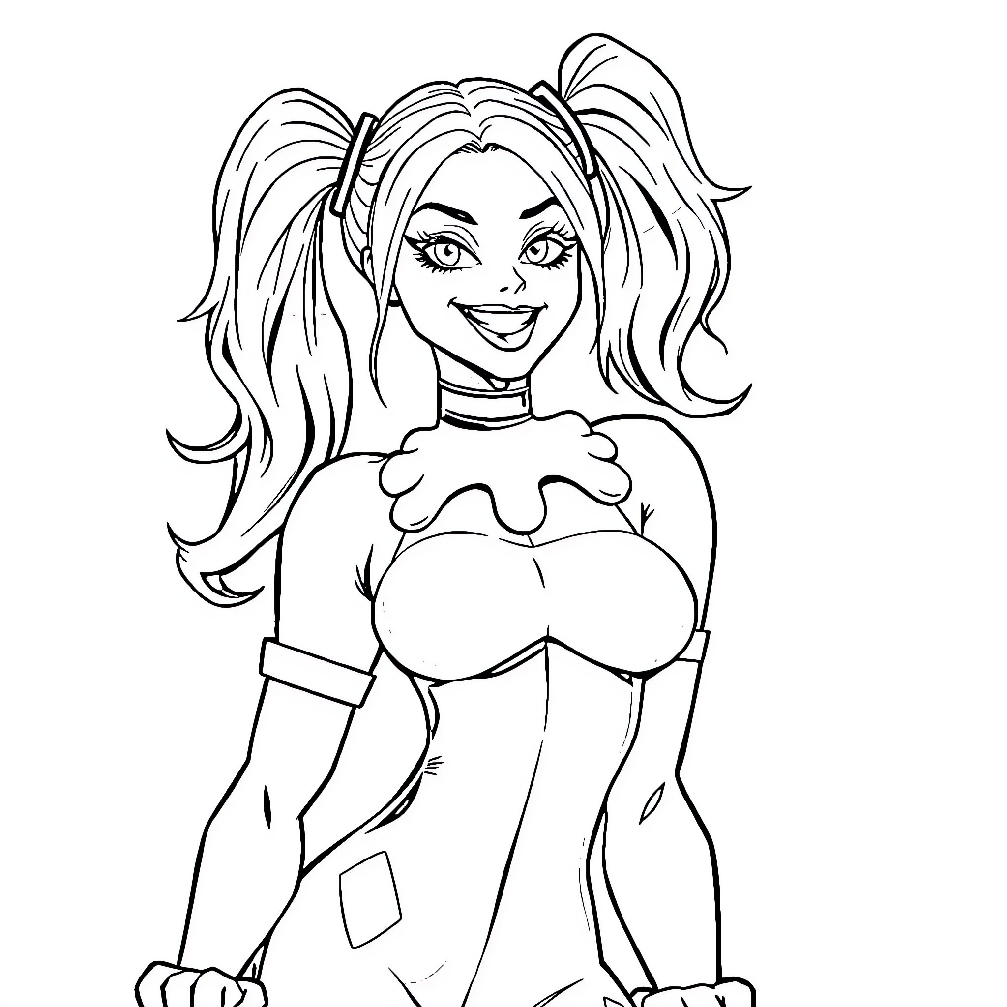 Harley Quinn strikes a confident pose Coloring Page (free black-and-white line drawing printable PDF for all, from beginners to advanced learners, including children, teens, adults, and seniors)