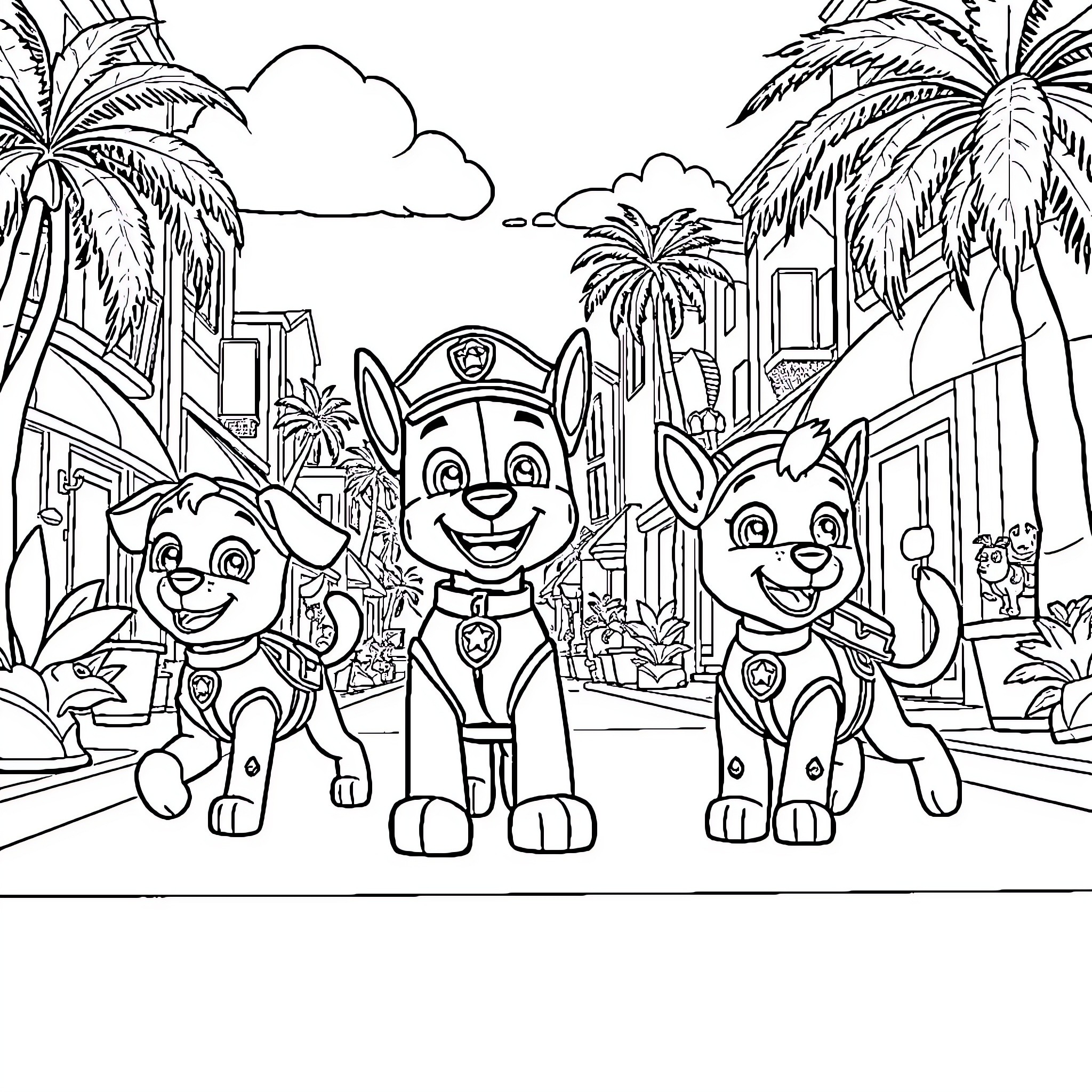 Paw Patrol Characters in Tropical Town Coloring Page (free black-and-white line drawing printable PDF for all, from beginners to advanced learners, including children, teens, adults, and seniors)