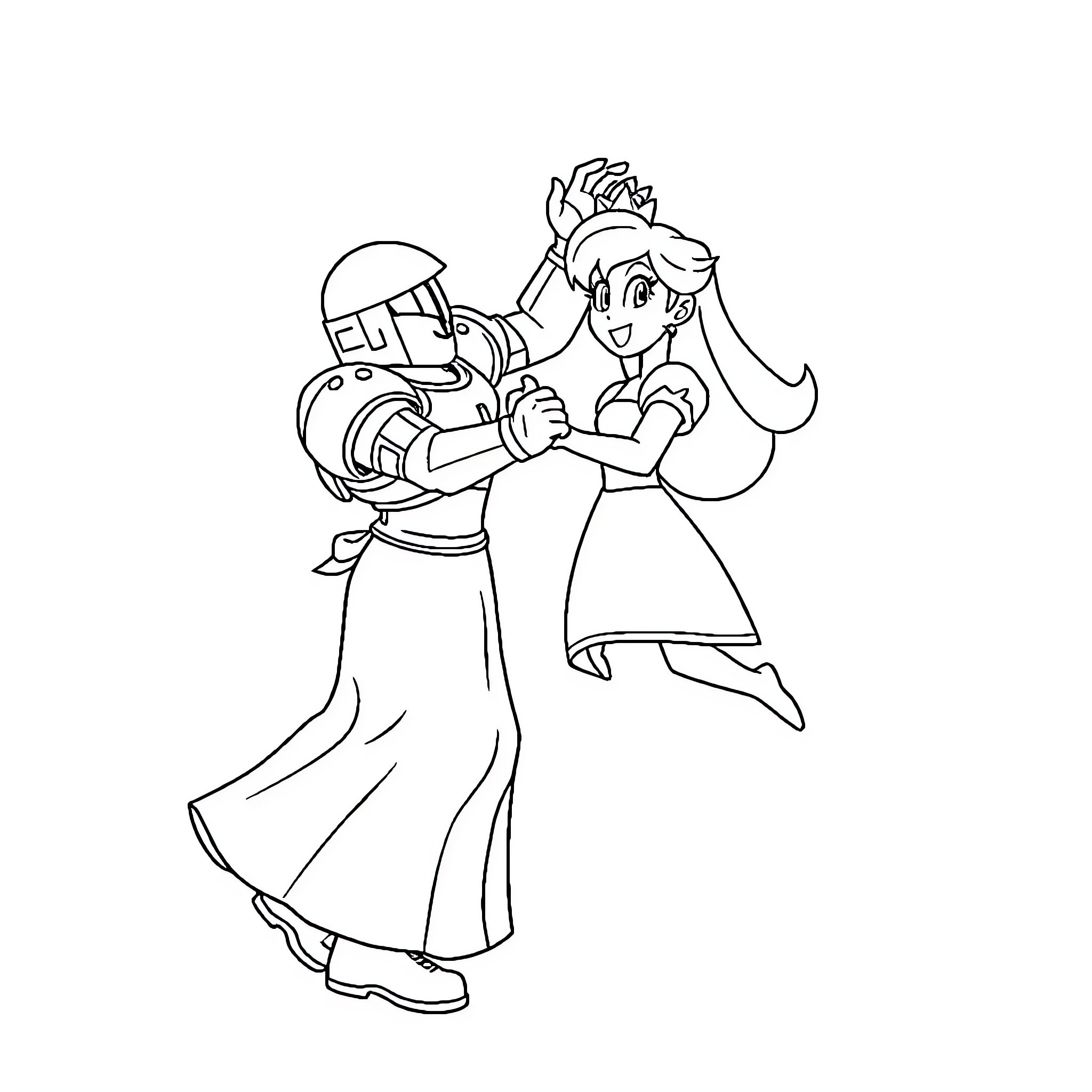 Master Chief and Princess Dancing Together Coloring Page (free black-and-white line drawing printable PDF for all, from beginners to advanced learners, including children, teens, adults, and seniors)