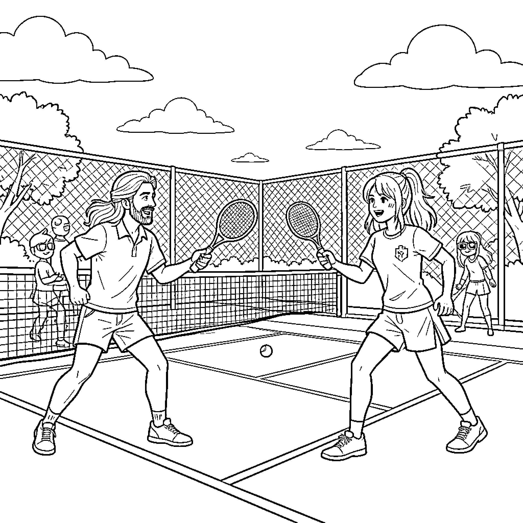 Rumi playing an energetic tennis match on a court Coloring Page (free black-and-white line drawing printable PDF for all, from beginners to advanced learners, including children, teens, adults, and seniors)