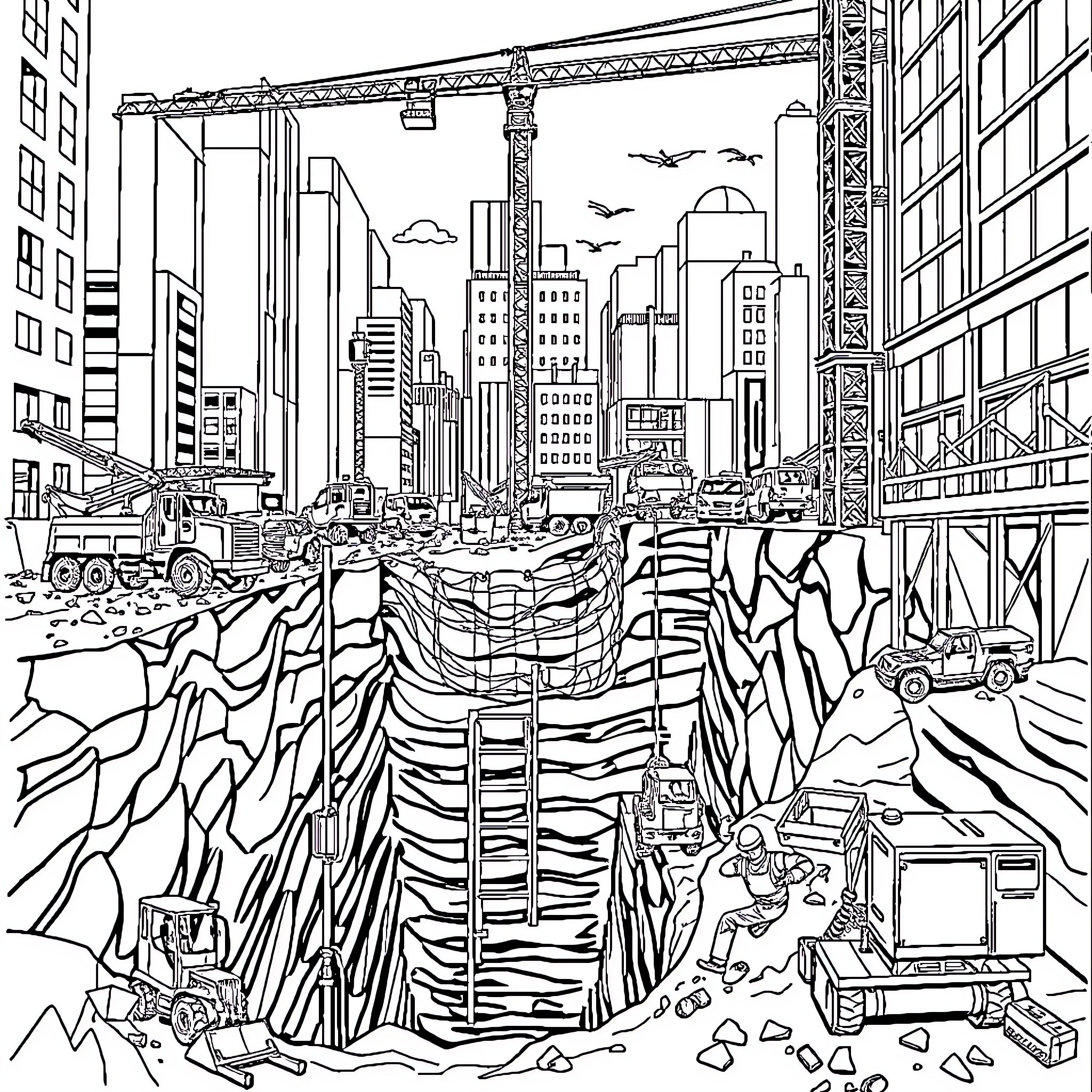 Construction workers transform urban landscape Coloring Page (free black-and-white line drawing printable PDF for all, from beginners to advanced learners, including children, teens, adults, and seniors)