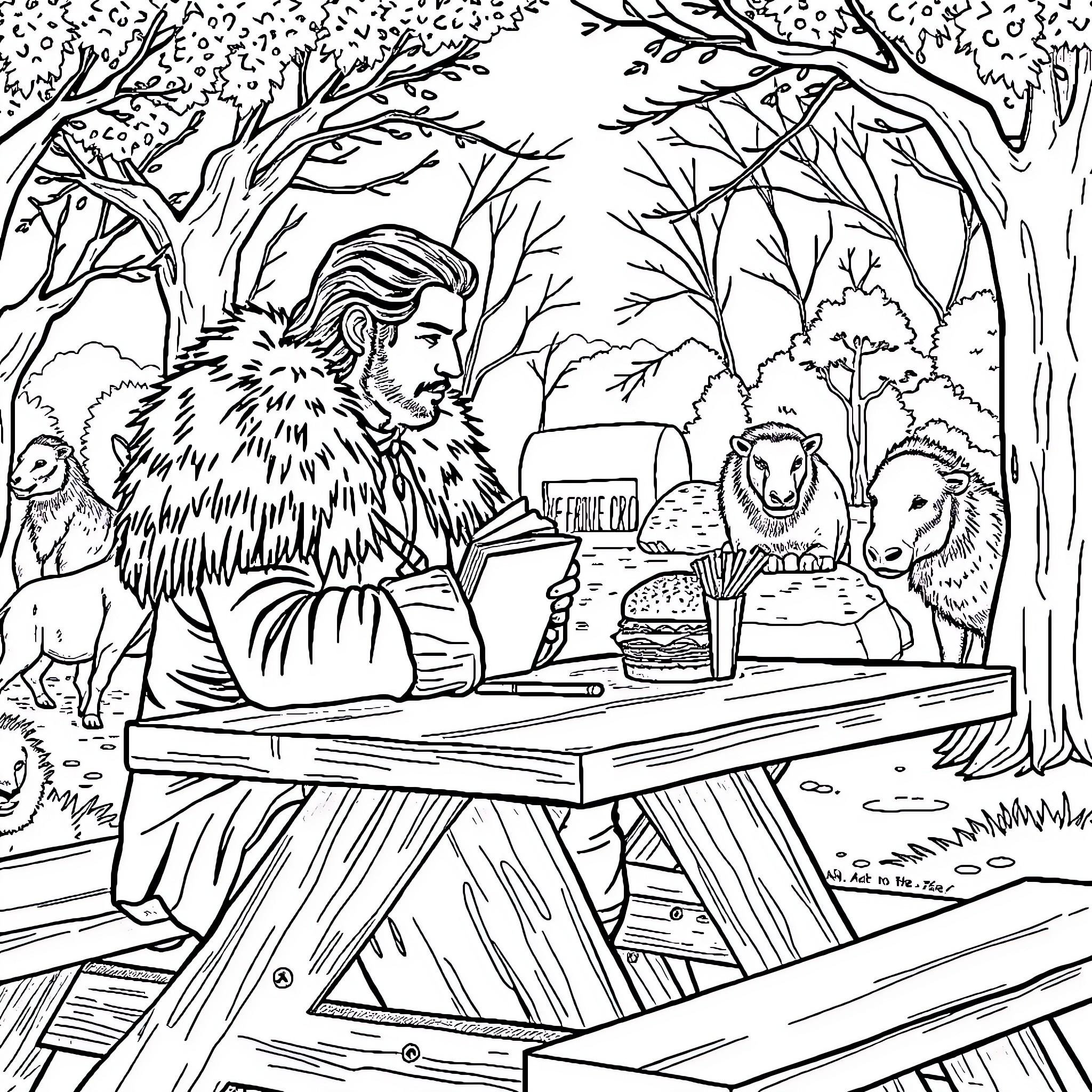 Jon Snow enjoying a meal in the wilderness Coloring Page (free black-and-white line drawing printable PDF for all, from beginners to advanced learners, including children, teens, adults, and seniors)