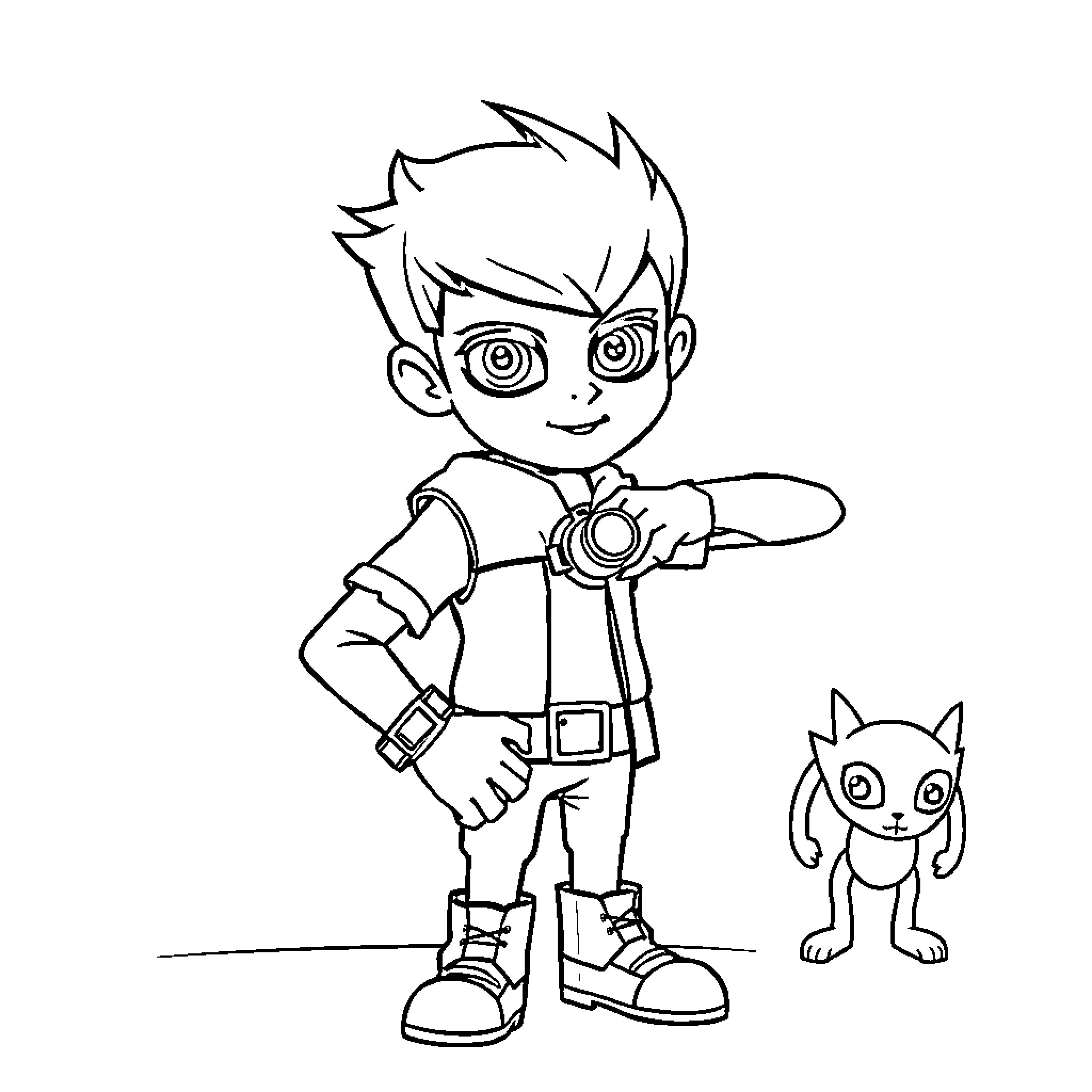 Ben 10 and his alien companion in action Coloring Page (free black-and-white line drawing printable PDF for all, from beginners to advanced learners, including children, teens, adults, and seniors)