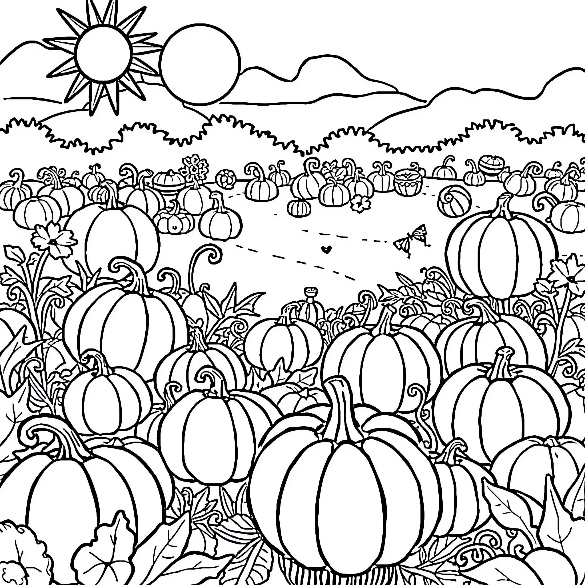Pumpkin Patch with Vibrant Scenery Coloring Page (free black-and-white line drawing printable PDF for all, from beginners to advanced learners, including children, teens, adults, and seniors)