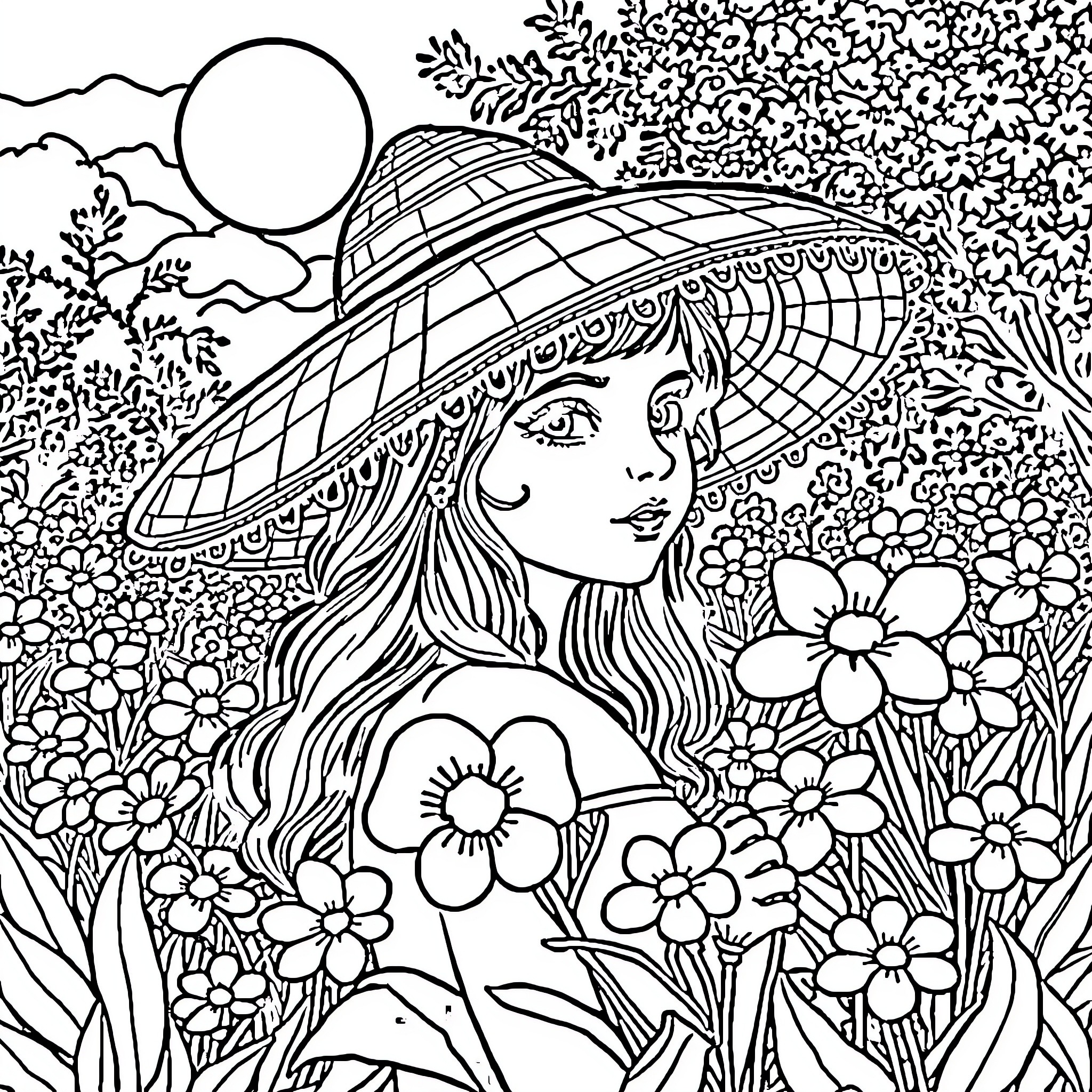 Girl in Floral Garden with Sun Hat Coloring Page (free black-and-white line drawing printable PDF for all, from beginners to advanced learners, including children, teens, adults, and seniors)