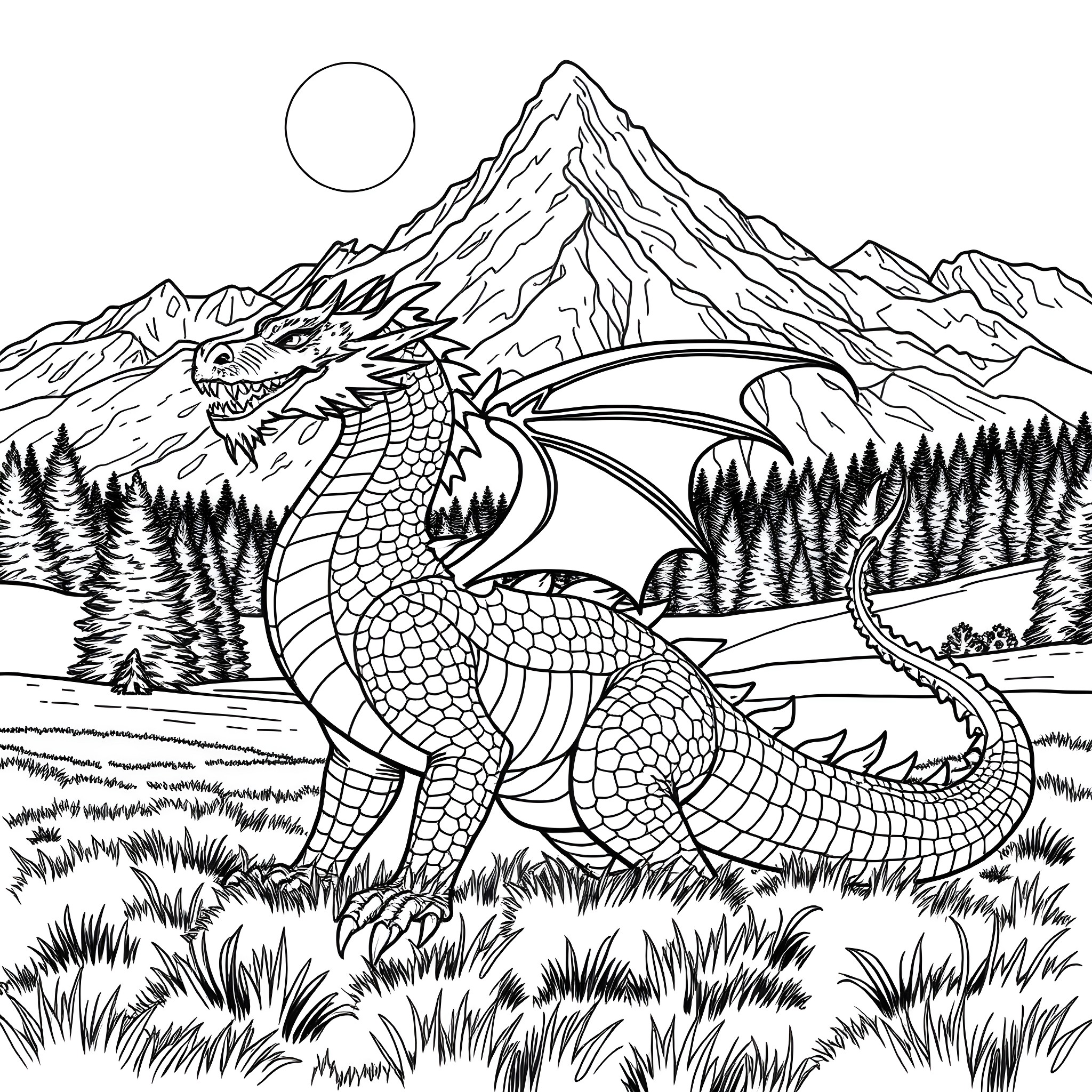 Dragon Soaring Over Majestic Mountain Landscape Coloring Page (free black-and-white line drawing printable PDF for all, from beginners to advanced learners, including children, teens, adults, and seniors)
