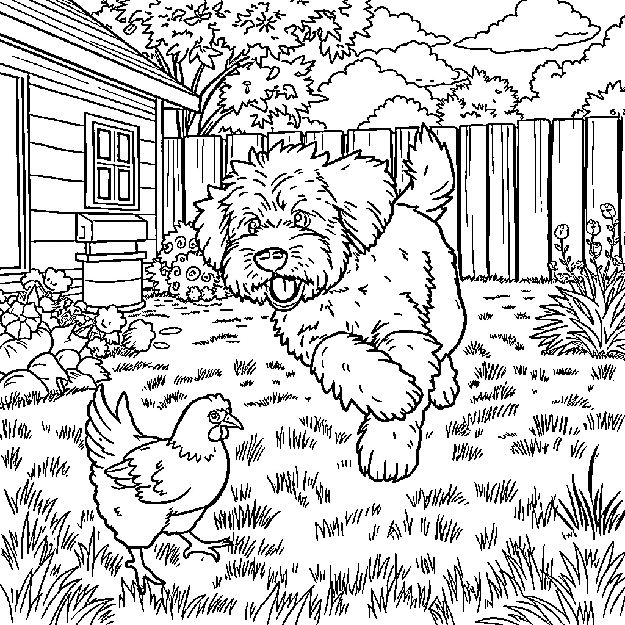Labradoodle playing in the backyard with a chicken Coloring Page (free black-and-white line drawing printable PDF for all, from beginners to advanced learners, including children, teens, adults, and seniors)