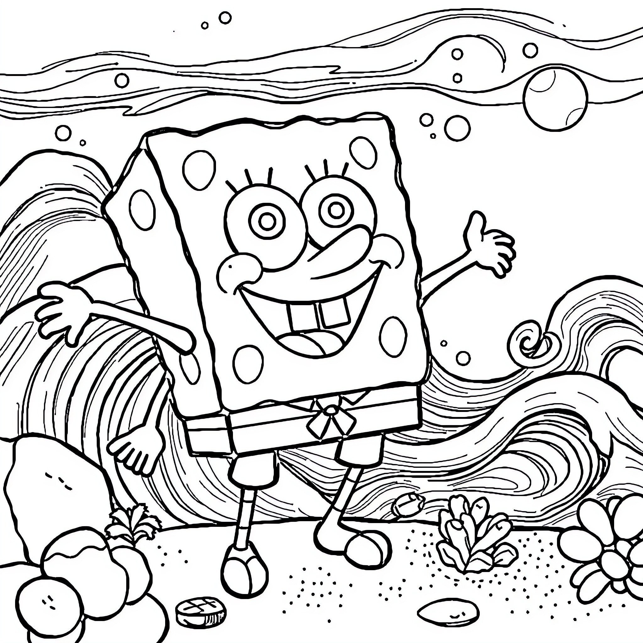 Spongebob in a whimsical underwater scene Coloring Page (free black-and-white line drawing printable PDF for all, from beginners to advanced learners, including children, teens, adults, and seniors)