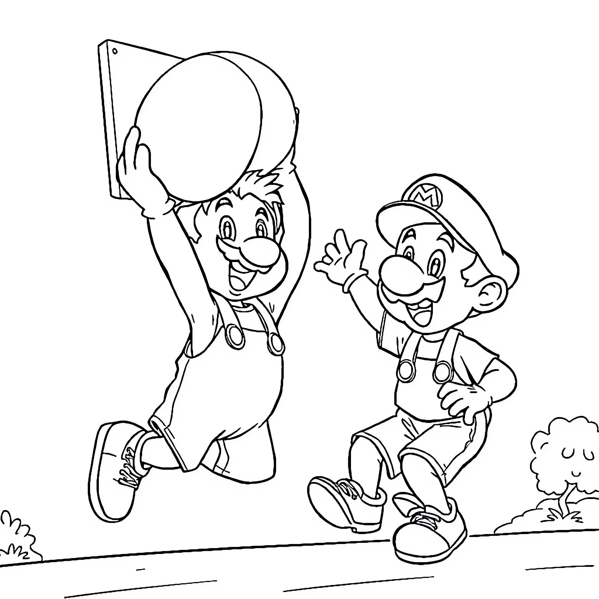 Baby Boy Jumping Joyfully with Friend Coloring Page (free black-and-white line drawing printable PDF for all, from beginners to advanced learners, including children, teens, adults, and seniors)
