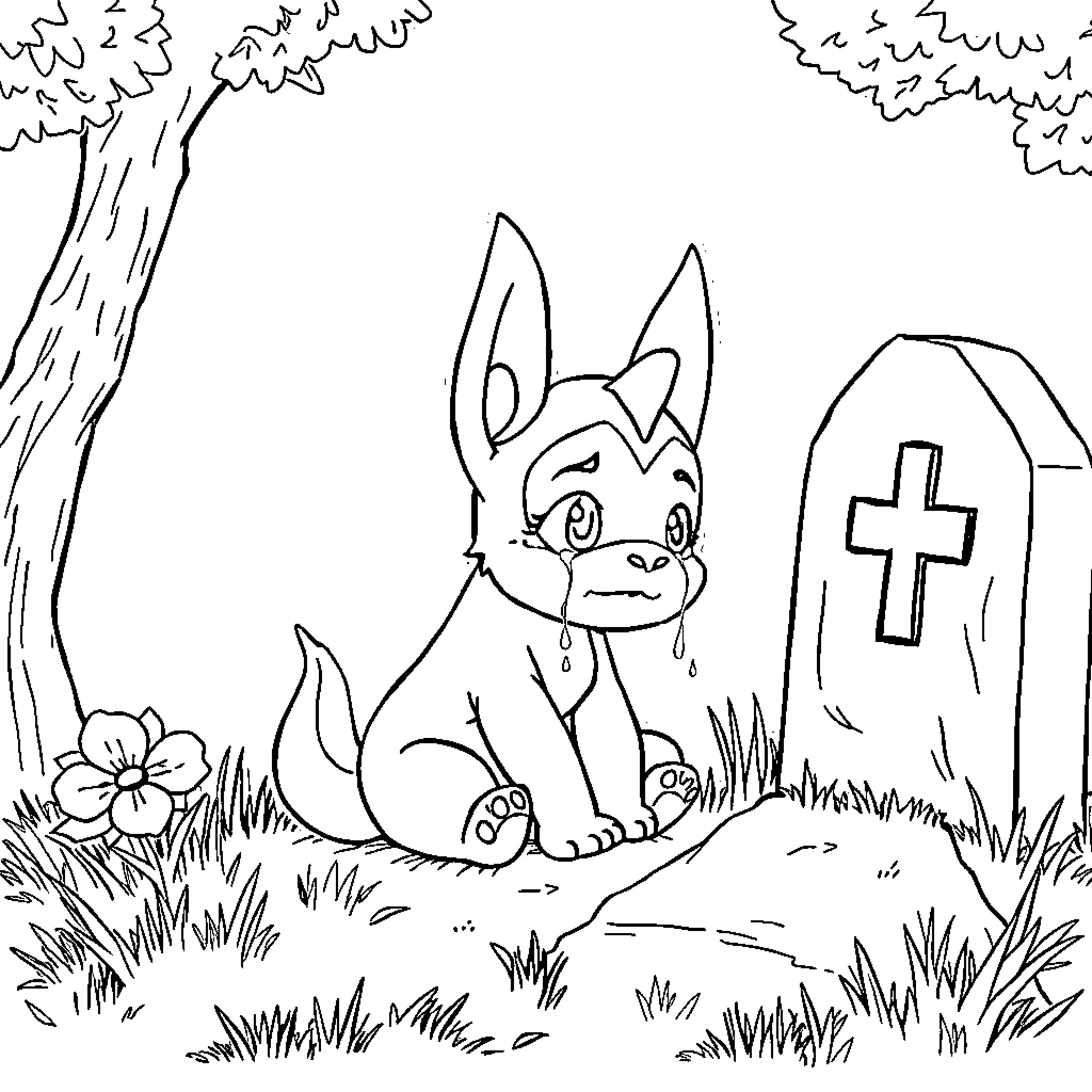 Cubone feeling lonely in the cemetery Coloring Page (free black-and-white line drawing printable PDF for all, from beginners to advanced learners, including children, teens, adults, and seniors)