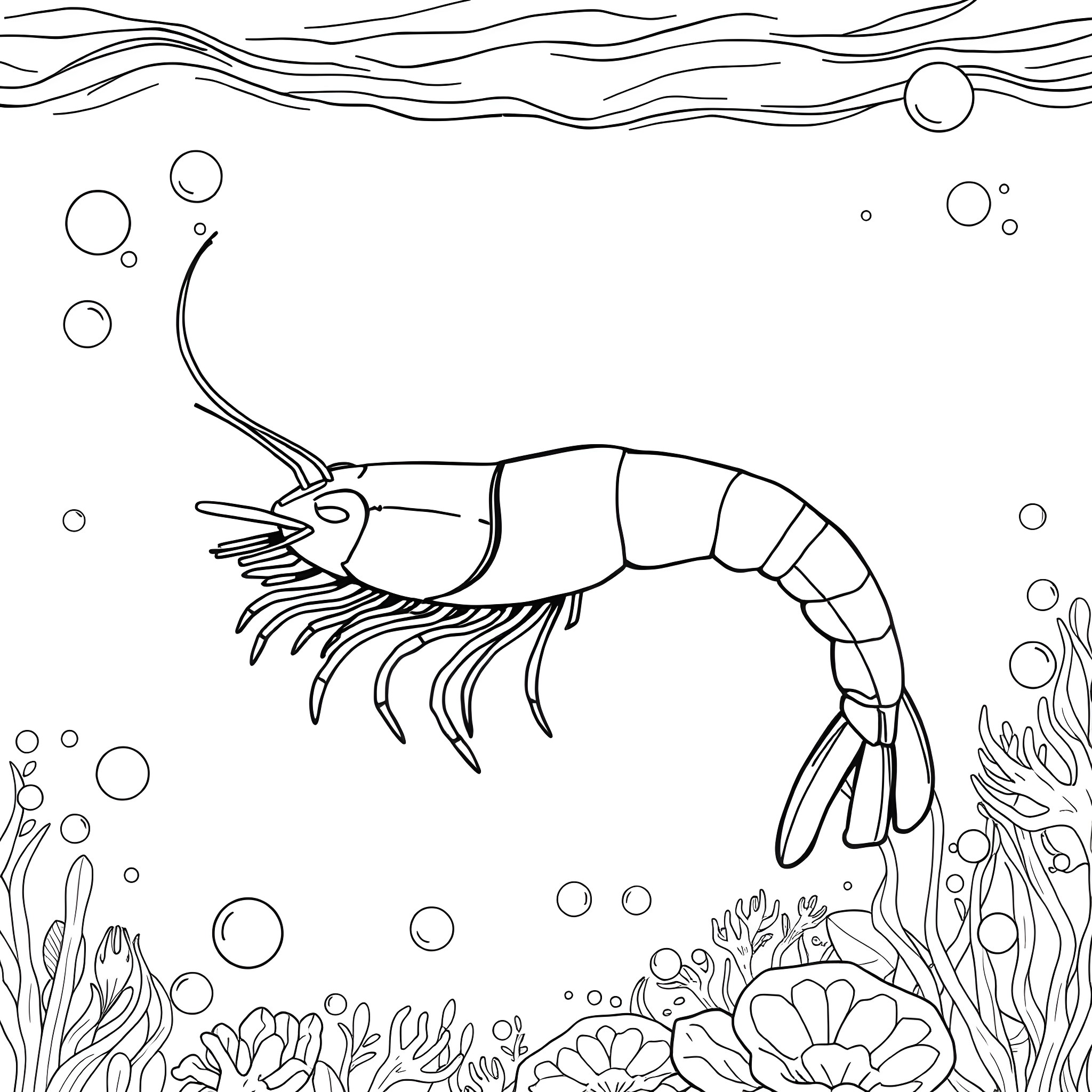 Shrimp swimming in the underwater seabed Coloring Page (free black-and-white line drawing printable PDF for all, from beginners to advanced learners, including children, teens, adults, and seniors)