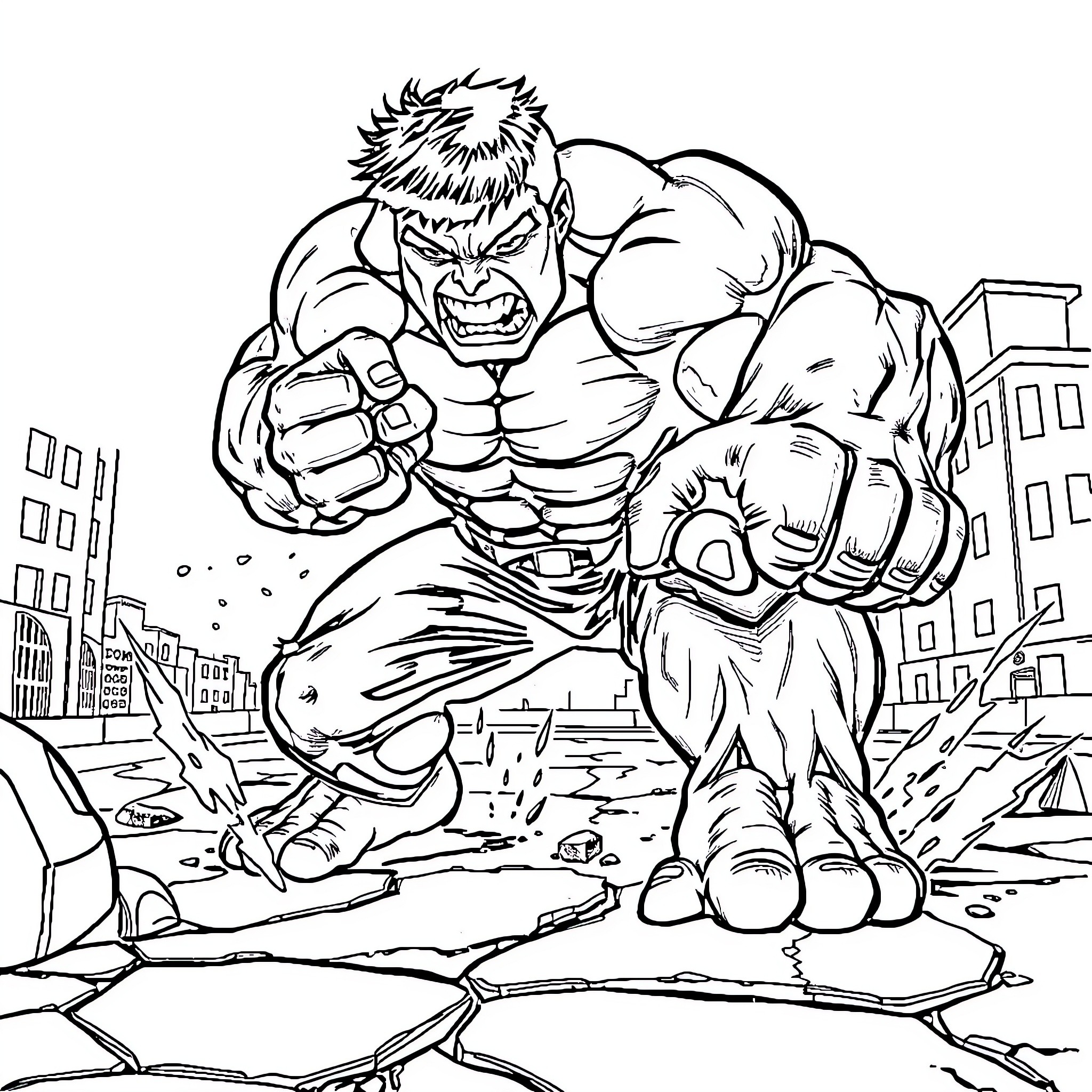 Hulk smashing through the city Coloring Page (free black-and-white line drawing printable PDF for all, from beginners to advanced learners, including children, teens, adults, and seniors)