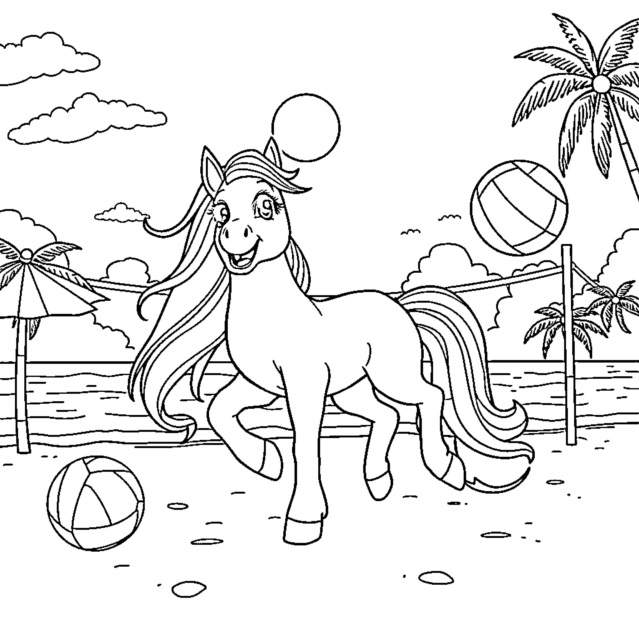 Pony playing joyfully on the beach Coloring Page (free black-and-white line drawing printable PDF for all, from beginners to advanced learners, including children, teens, adults, and seniors)