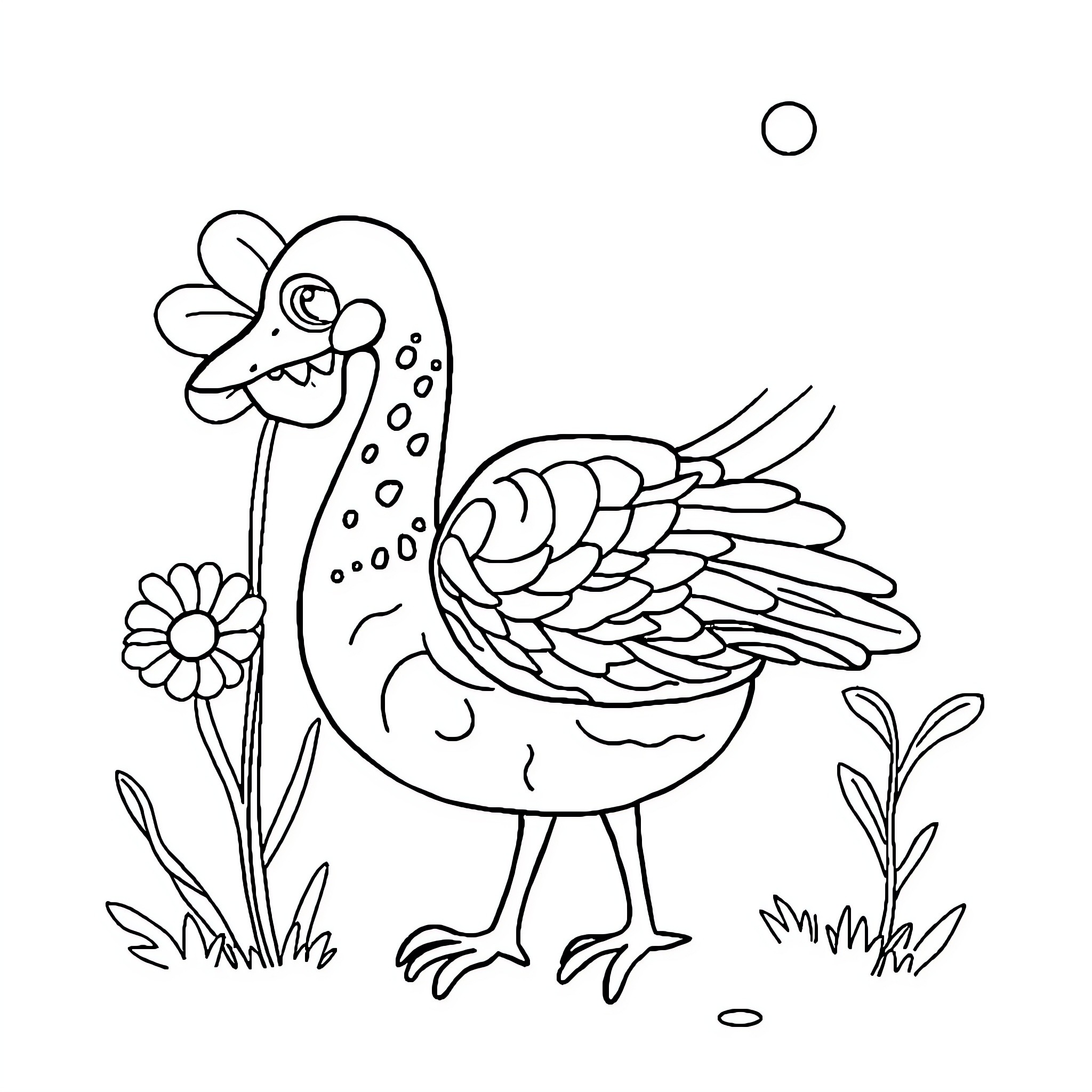 Whimsical bird with flower in nature setting Coloring Page (free black-and-white line drawing printable PDF for all, from beginners to advanced learners, including children, teens, adults, and seniors)