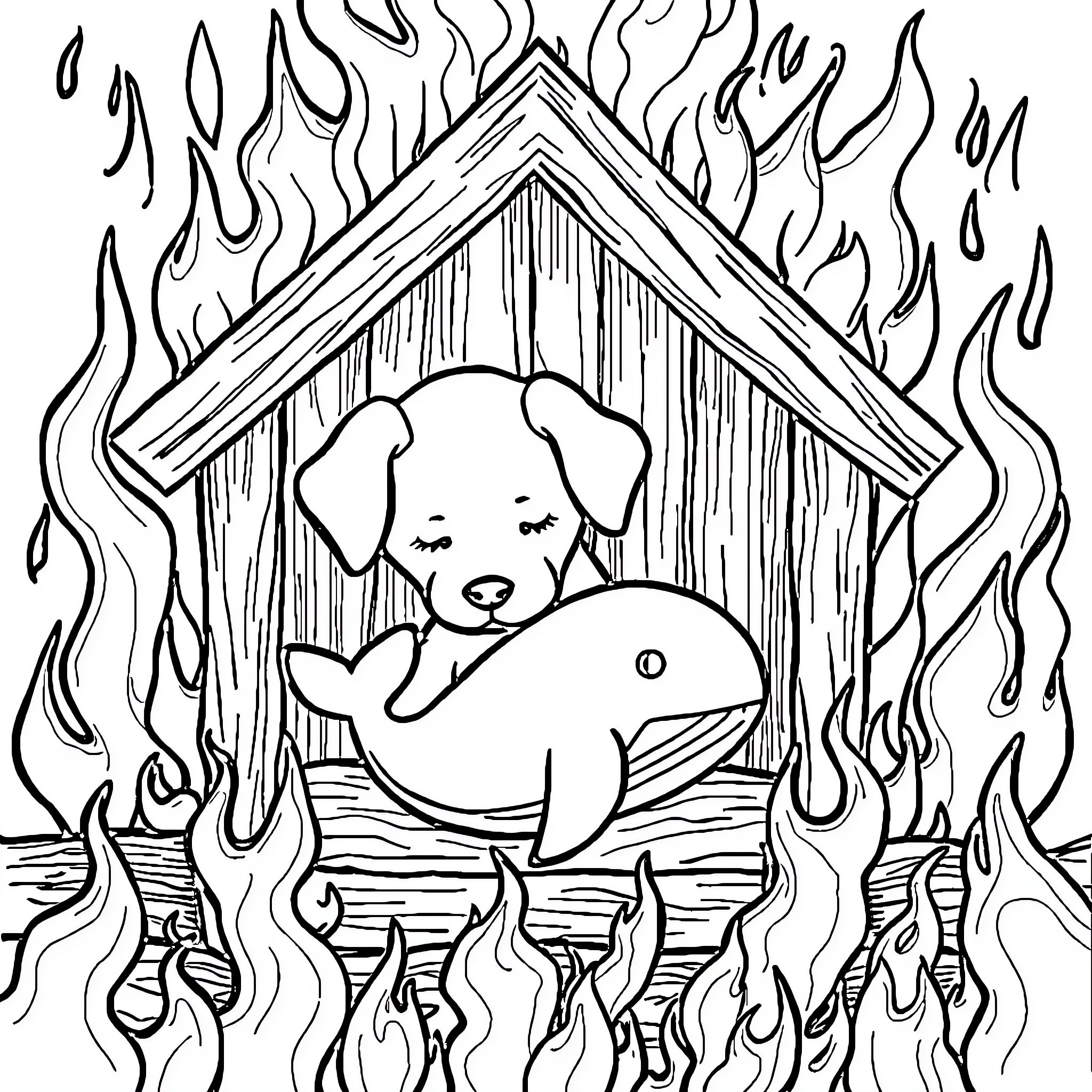 Dog seeking shelter from the raging flames Coloring Page (free black-and-white line drawing printable PDF for all, from beginners to advanced learners, including children, teens, adults, and seniors)
