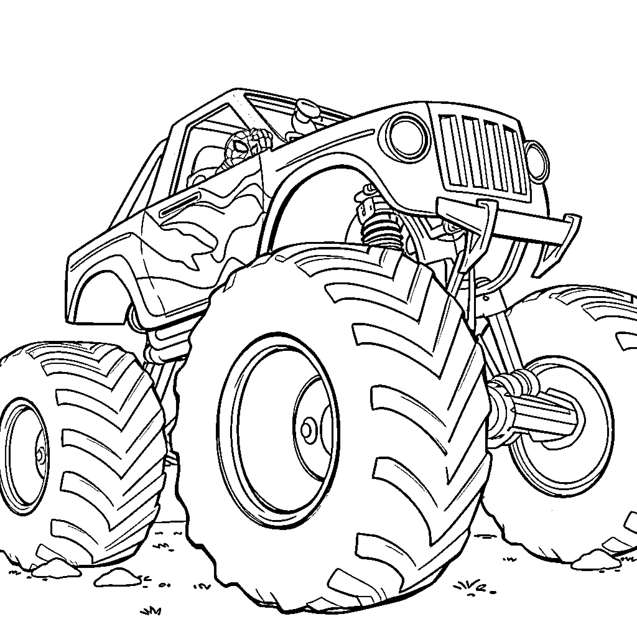Spiderman Monster Truck Driving on Rugged Terrain Coloring Page (free black-and-white line drawing printable PDF for all, from beginners to advanced learners, including children, teens, adults, and seniors)