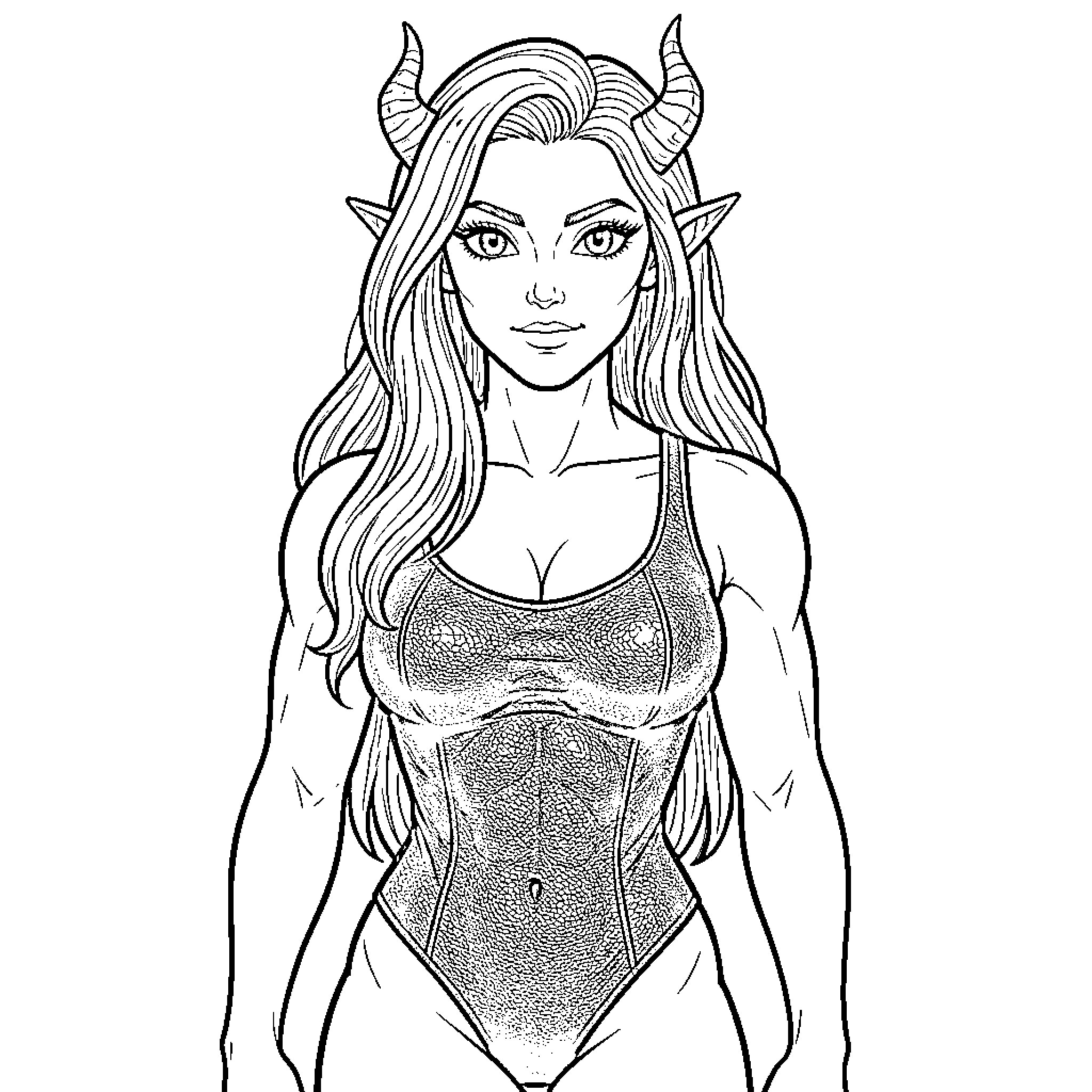 Amazonian warrior with horns standing confidently Coloring Page (free black-and-white line drawing printable PDF for all, from beginners to advanced learners, including children, teens, adults, and seniors)