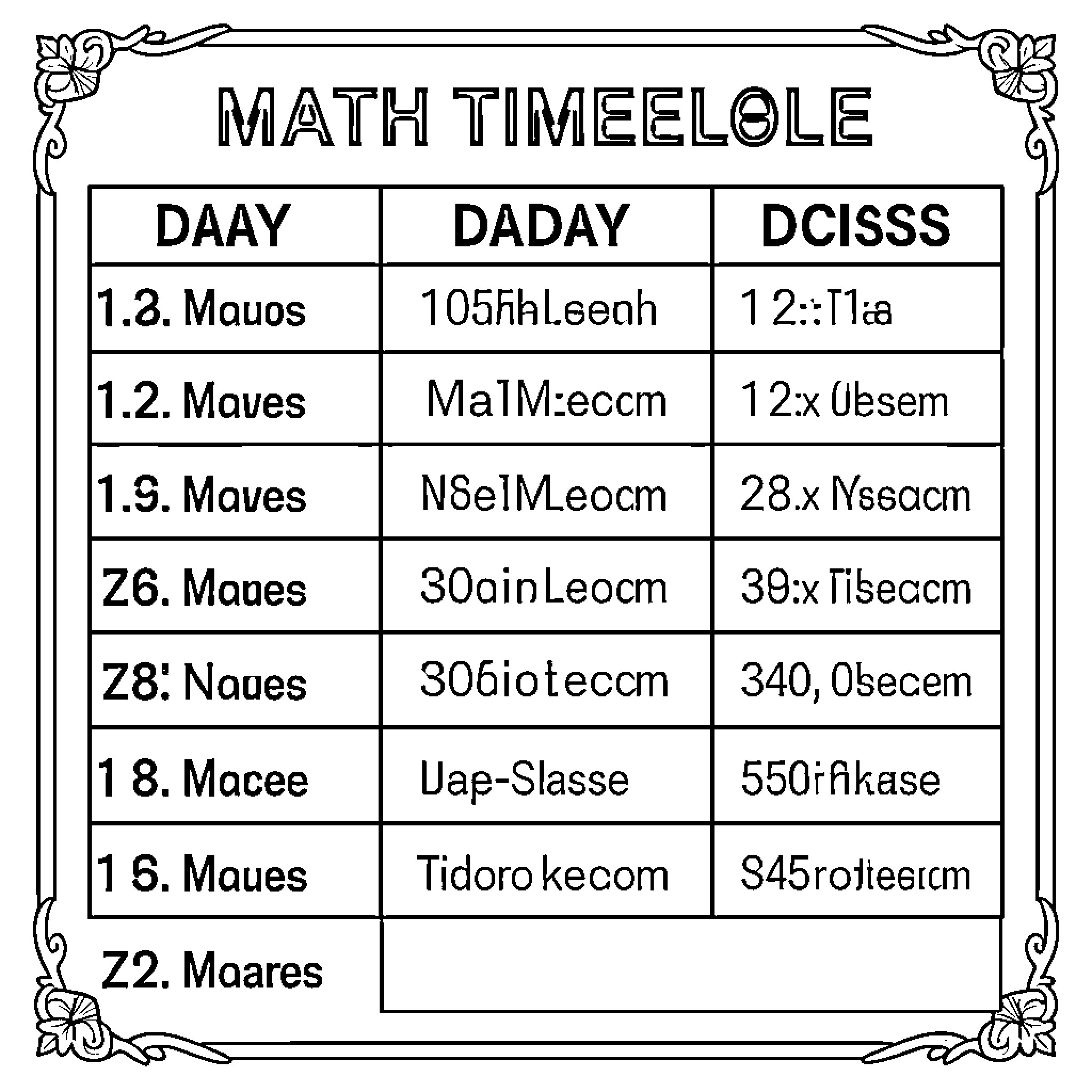 Math Timetable displaying various numerical data in a grid Coloring Page (free black-and-white line drawing printable PDF for all, from beginners to advanced learners, including children, teens, adults, and seniors)