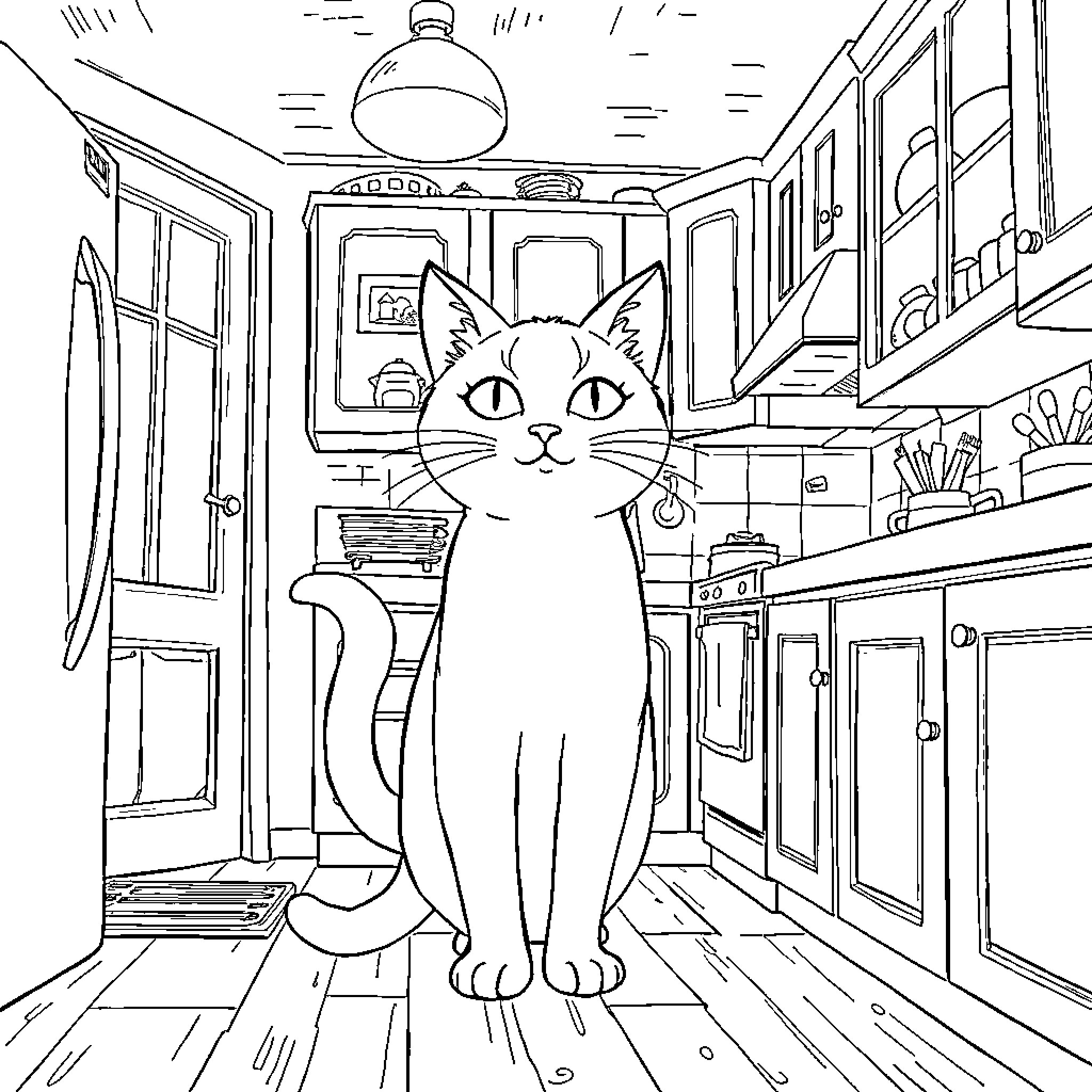 Cat exploring cozy kitchen Coloring Page (free black-and-white line drawing printable PDF for all, from beginners to advanced learners, including children, teens, adults, and seniors)
