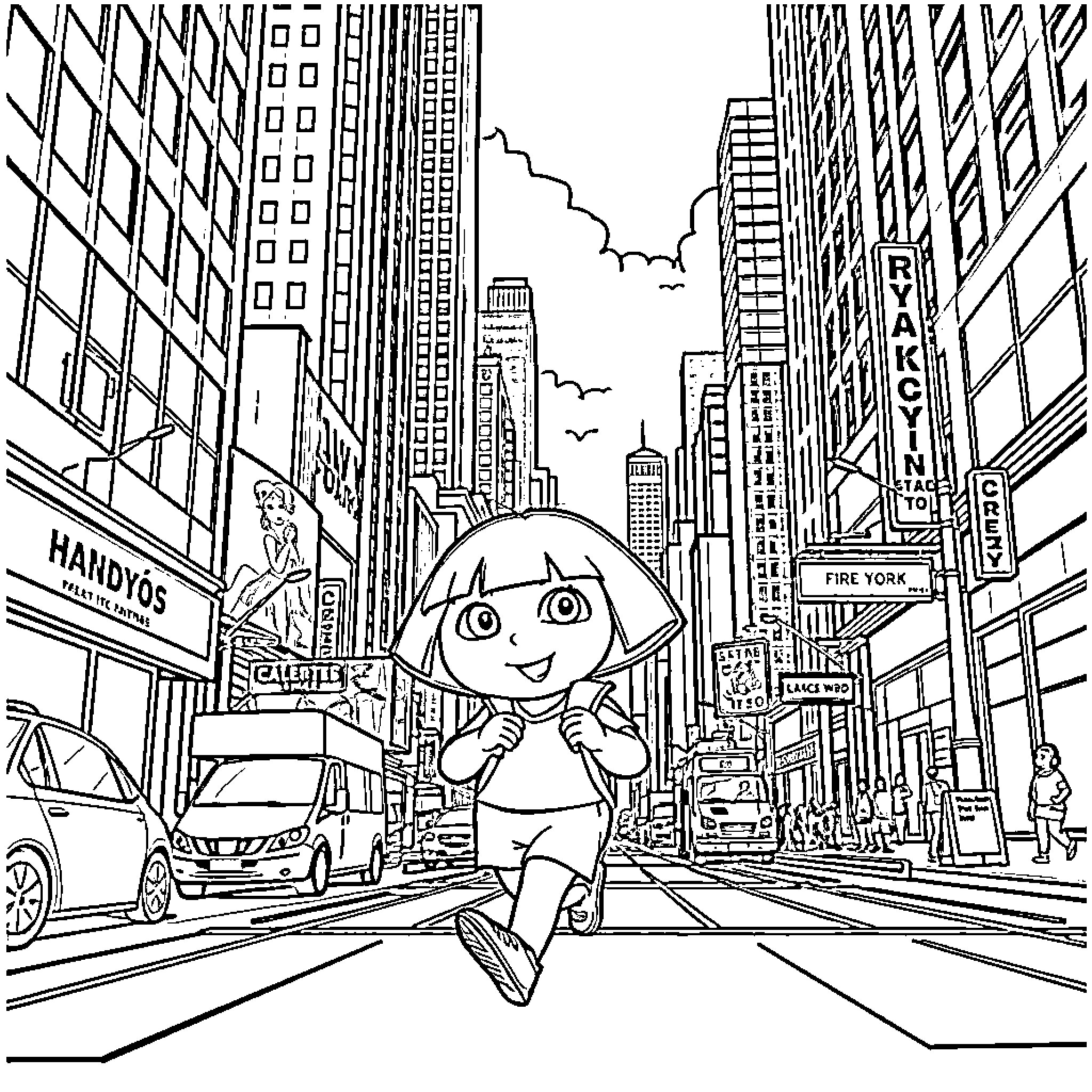 Dora exploring the vibrant city scene Coloring Page (free black-and-white line drawing printable PDF for all, from beginners to advanced learners, including children, teens, adults, and seniors)