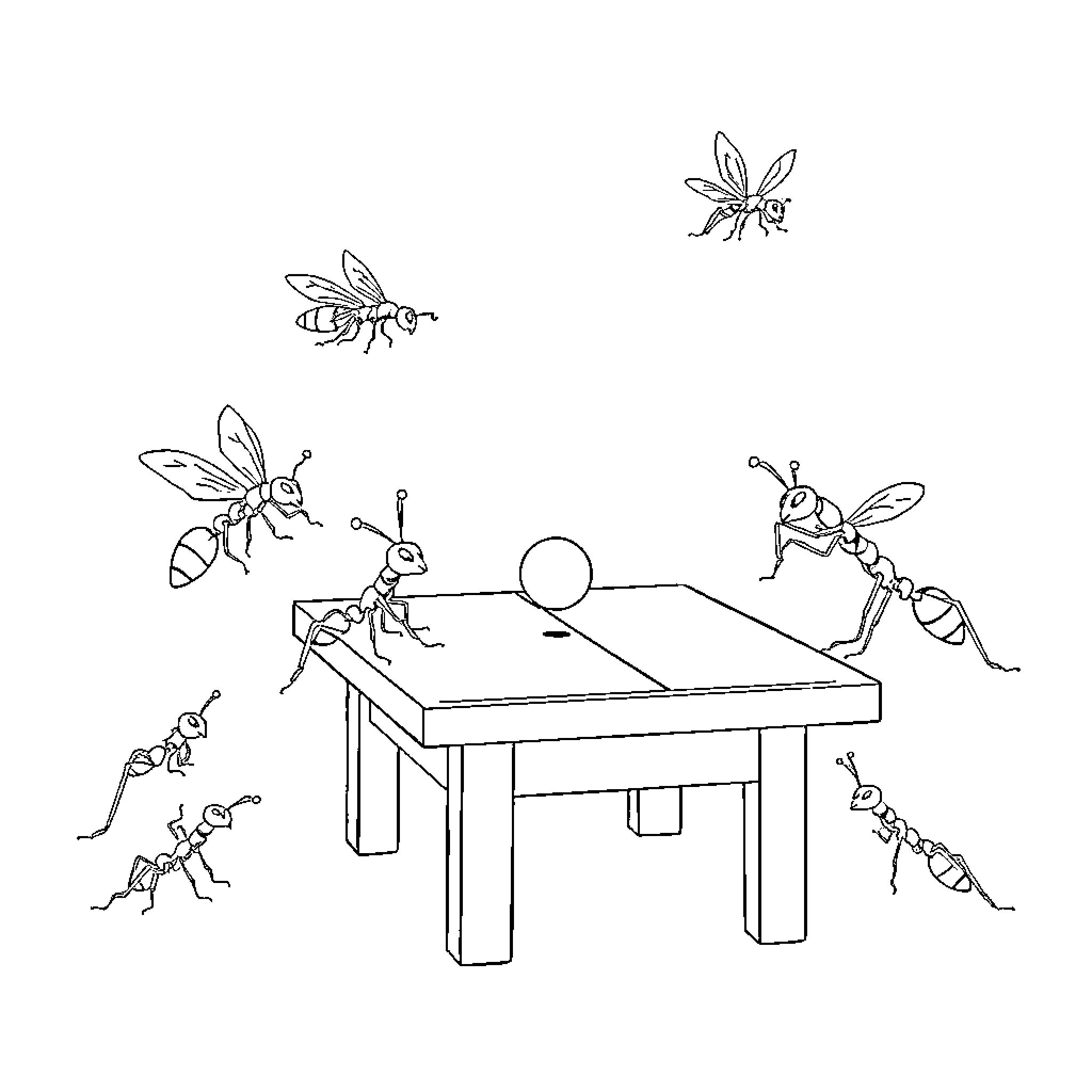 Ant family playing table tennis game Coloring Page (free black-and-white line drawing printable PDF for all, from beginners to advanced learners, including children, teens, adults, and seniors)