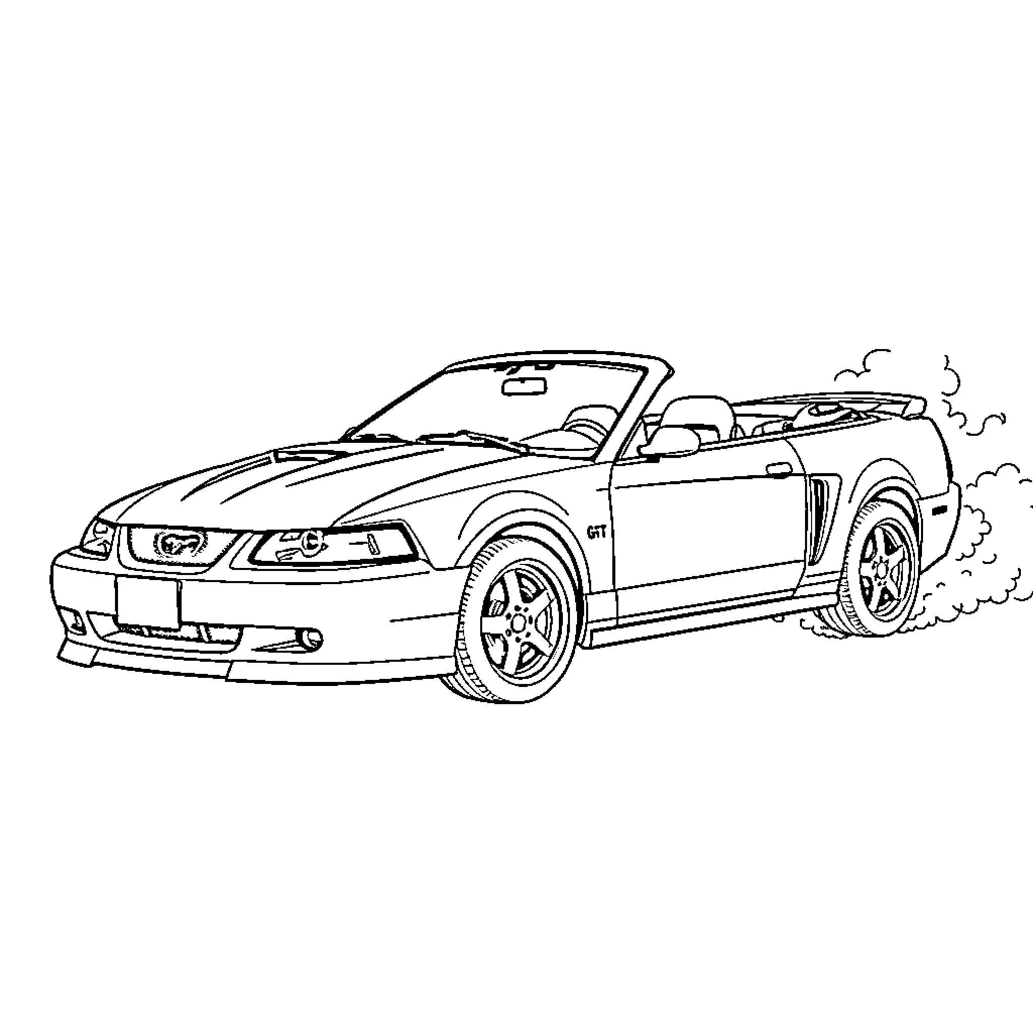 Mustang convertible speeding through the wind Coloring Page (free black-and-white line drawing printable PDF for all, from beginners to advanced learners, including children, teens, adults, and seniors)