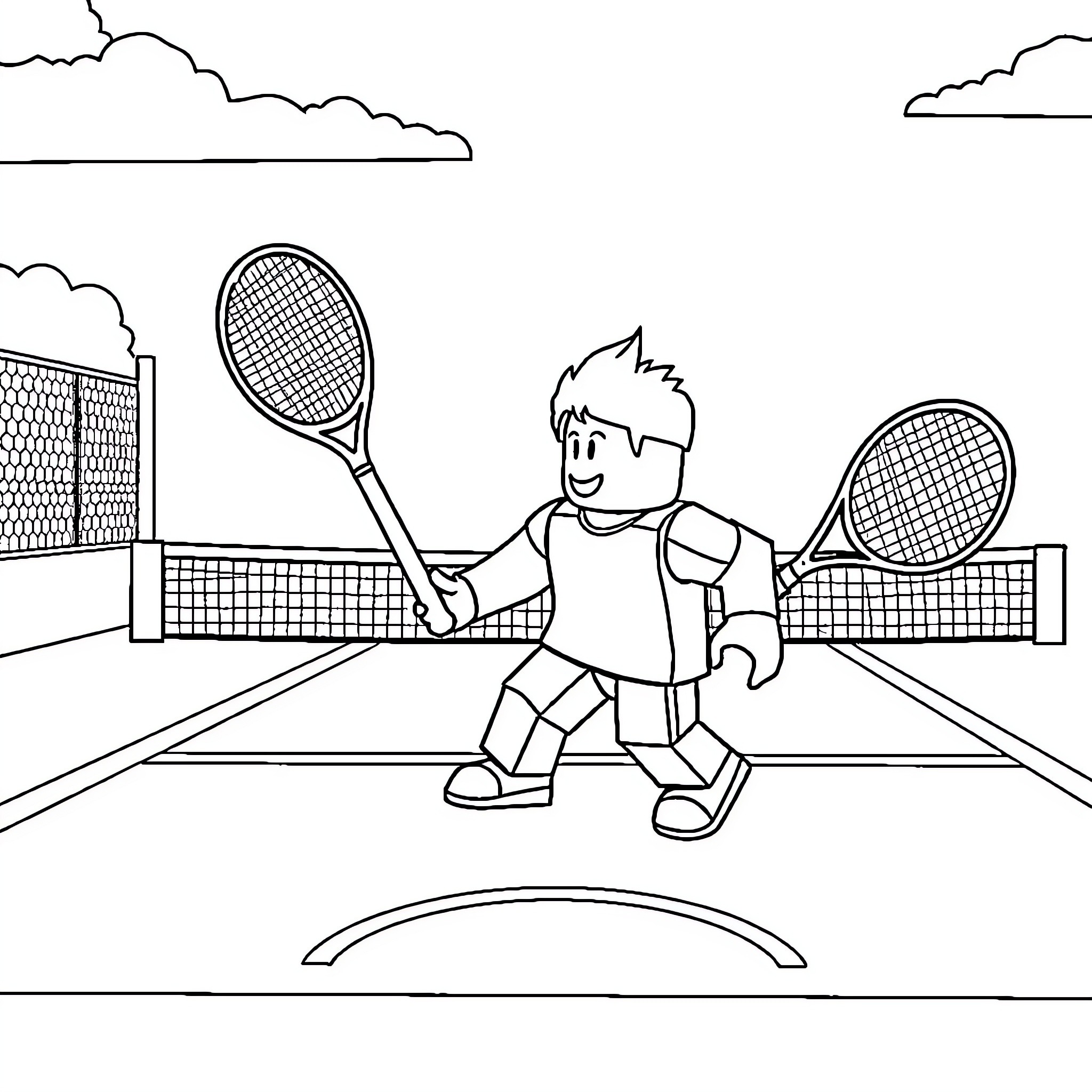 Roblox characters playing tennis on the court Coloring Page (free black-and-white line drawing printable PDF for all, from beginners to advanced learners, including children, teens, adults, and seniors)