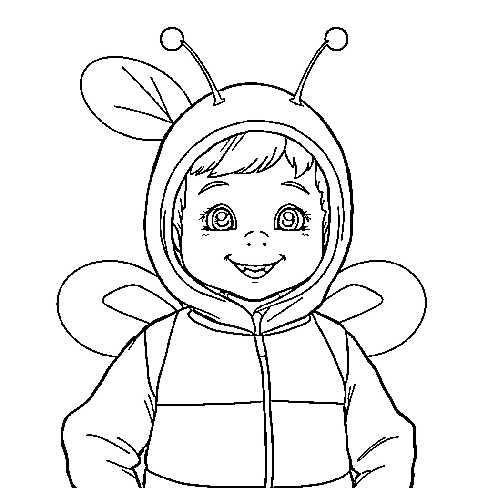 Boy in bee costume smiling happily Coloring Page (free black-and-white line drawing printable PDF for all, from beginners to advanced learners, including children, teens, adults, and seniors)