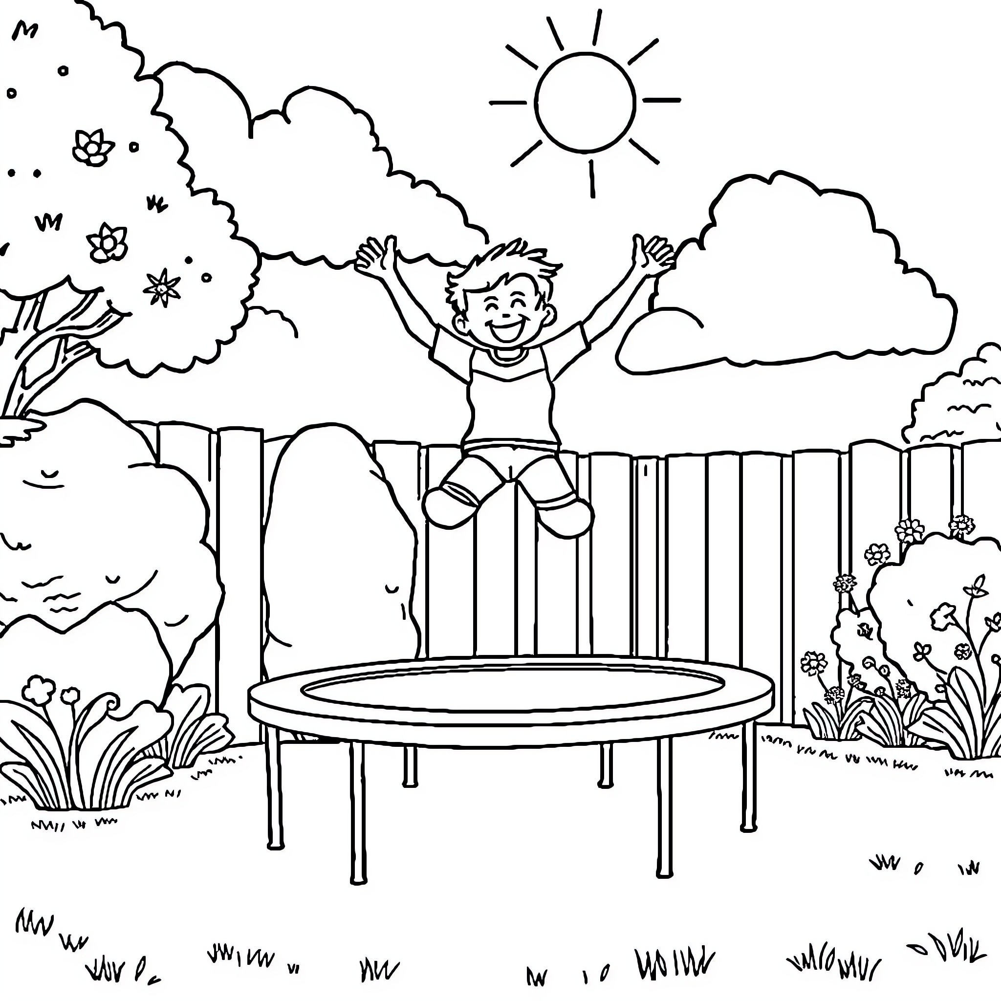 Trampoline in the Cheerful Outdoor Scene Coloring Page (free black-and-white line drawing printable PDF for all, from beginners to advanced learners, including children, teens, adults, and seniors)