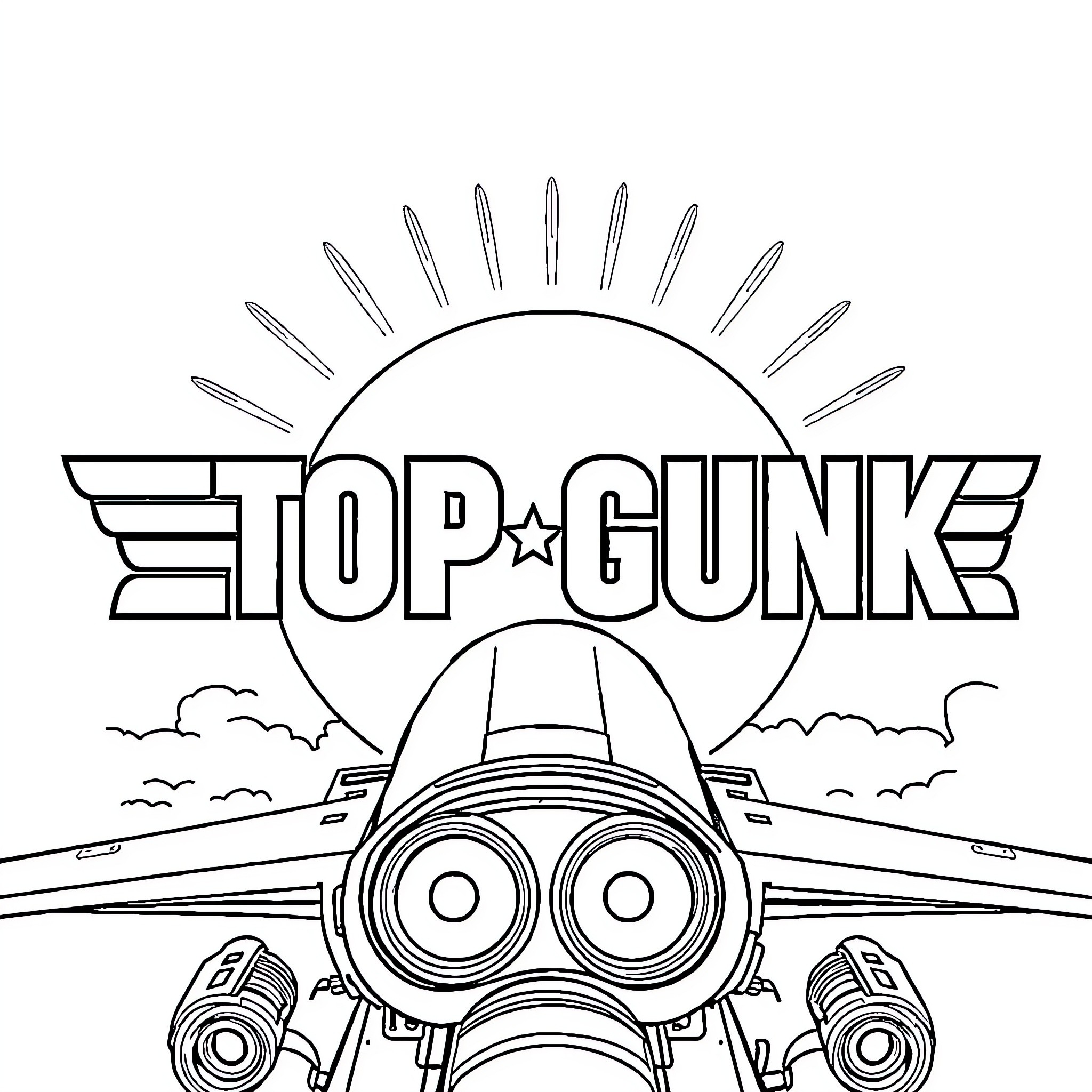 Maverick Top Gunk Fighter Jet in Action Coloring Page (free black-and-white line drawing printable PDF for all, from beginners to advanced learners, including children, teens, adults, and seniors)