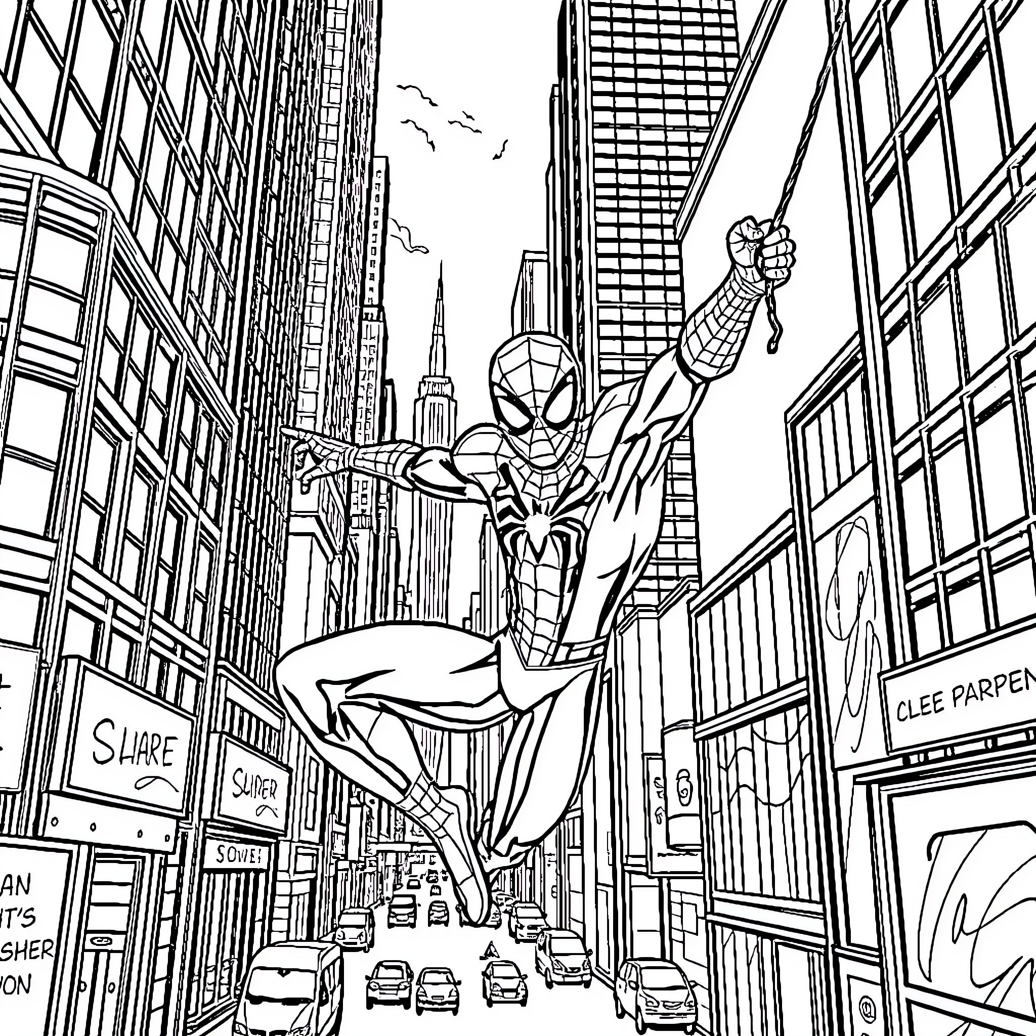 Spider-Man swinging through the city skyline Coloring Page (free black-and-white line drawing printable PDF for all, from beginners to advanced learners, including children, teens, adults, and seniors)