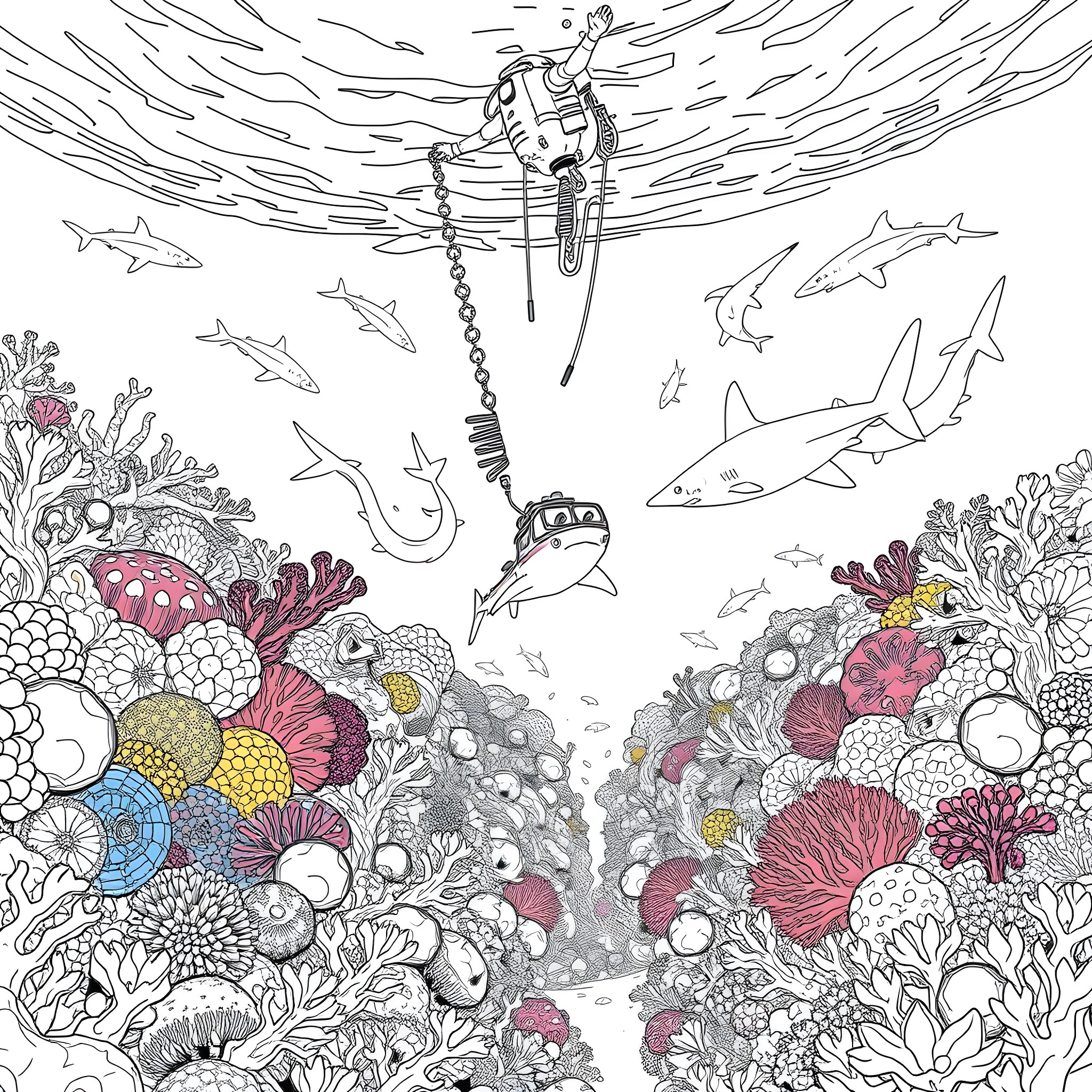 Diver exploring the vibrant underwater world Coloring Page (free black-and-white line drawing printable PDF for all, from beginners to advanced learners, including children, teens, adults, and seniors)